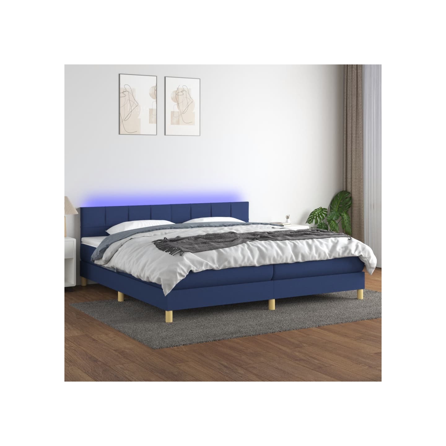 Sommier à lattes de lit et matelas et LED Bleu 200x200 cm Tissu