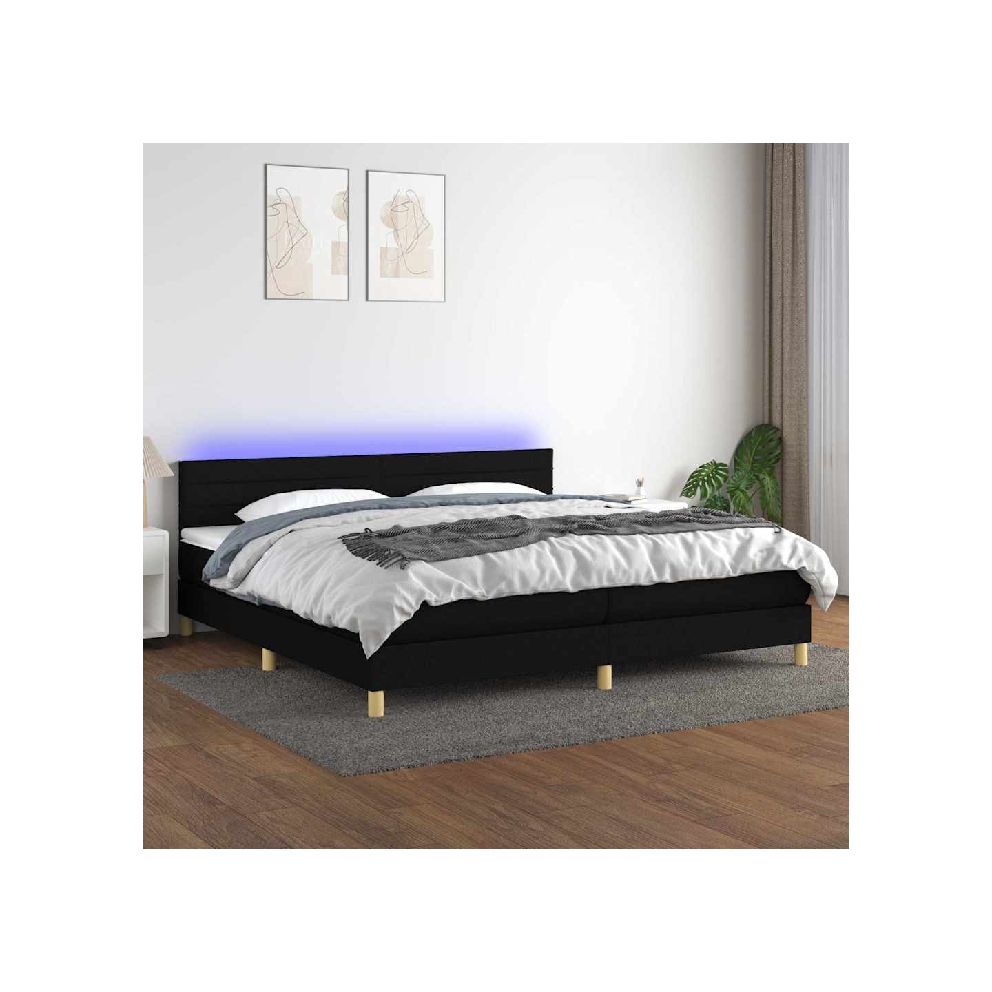 Sommier à lattes de lit et matelas et LED Noir 200x200 cm Tissu