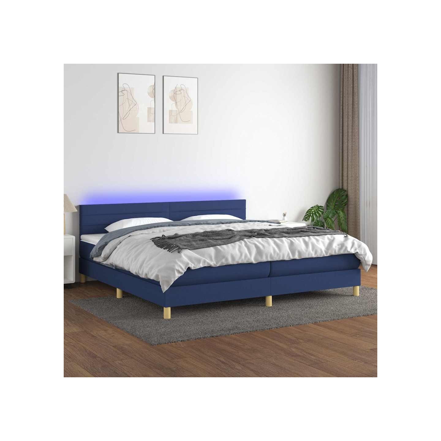Sommier à lattes de lit et matelas et LED Bleu 200x200 cm Tissu