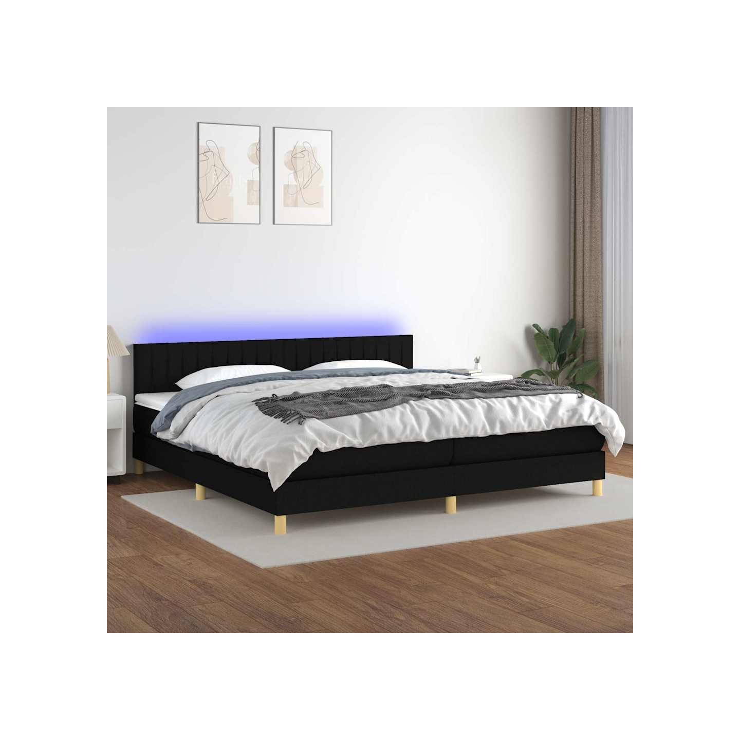Sommier à lattes de lit et matelas et LED Noir 200x200 cm Tissu