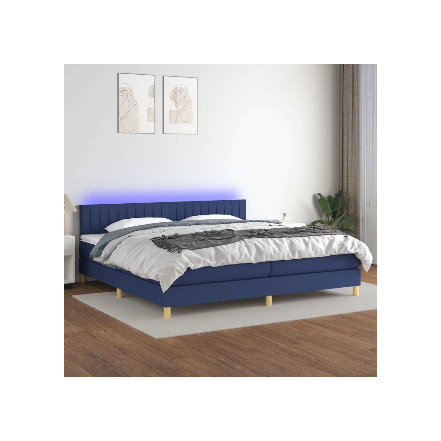 Sommier à lattes de lit et matelas et LED Bleu 200x200 cm Tissu