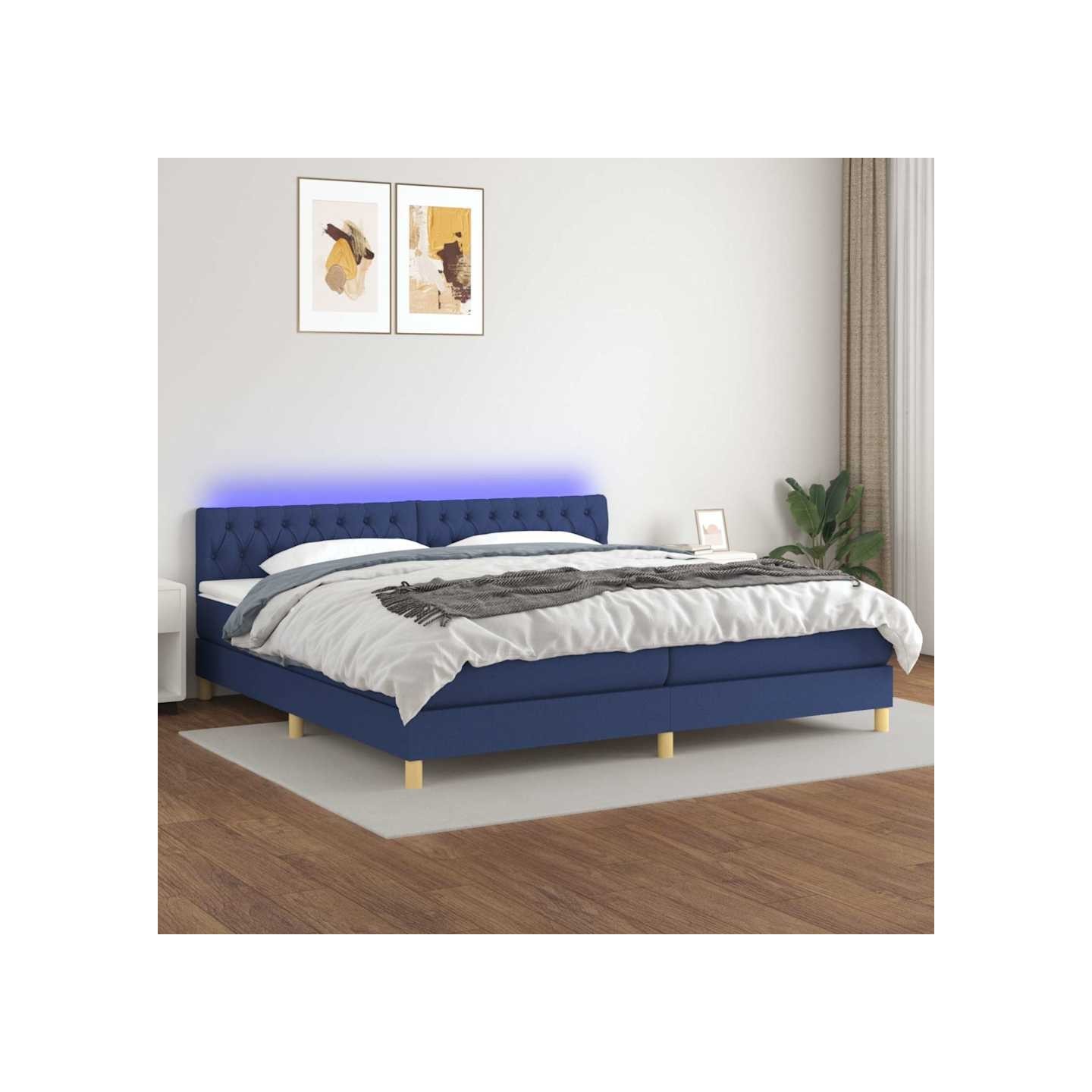 Sommier à lattes de lit et matelas et LED Bleu 200x200 cm Tissu
