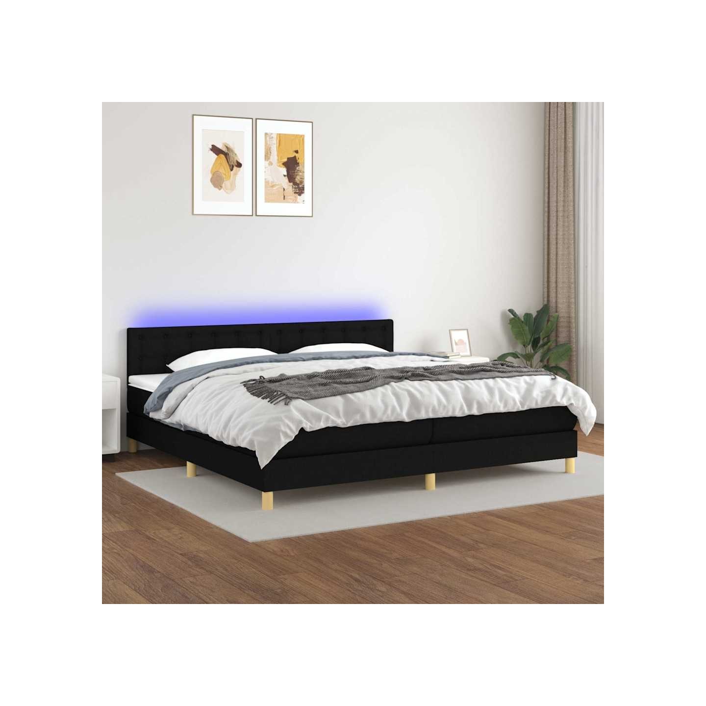 Sommier à lattes de lit et matelas et LED Noir 200x200 cm Tissu