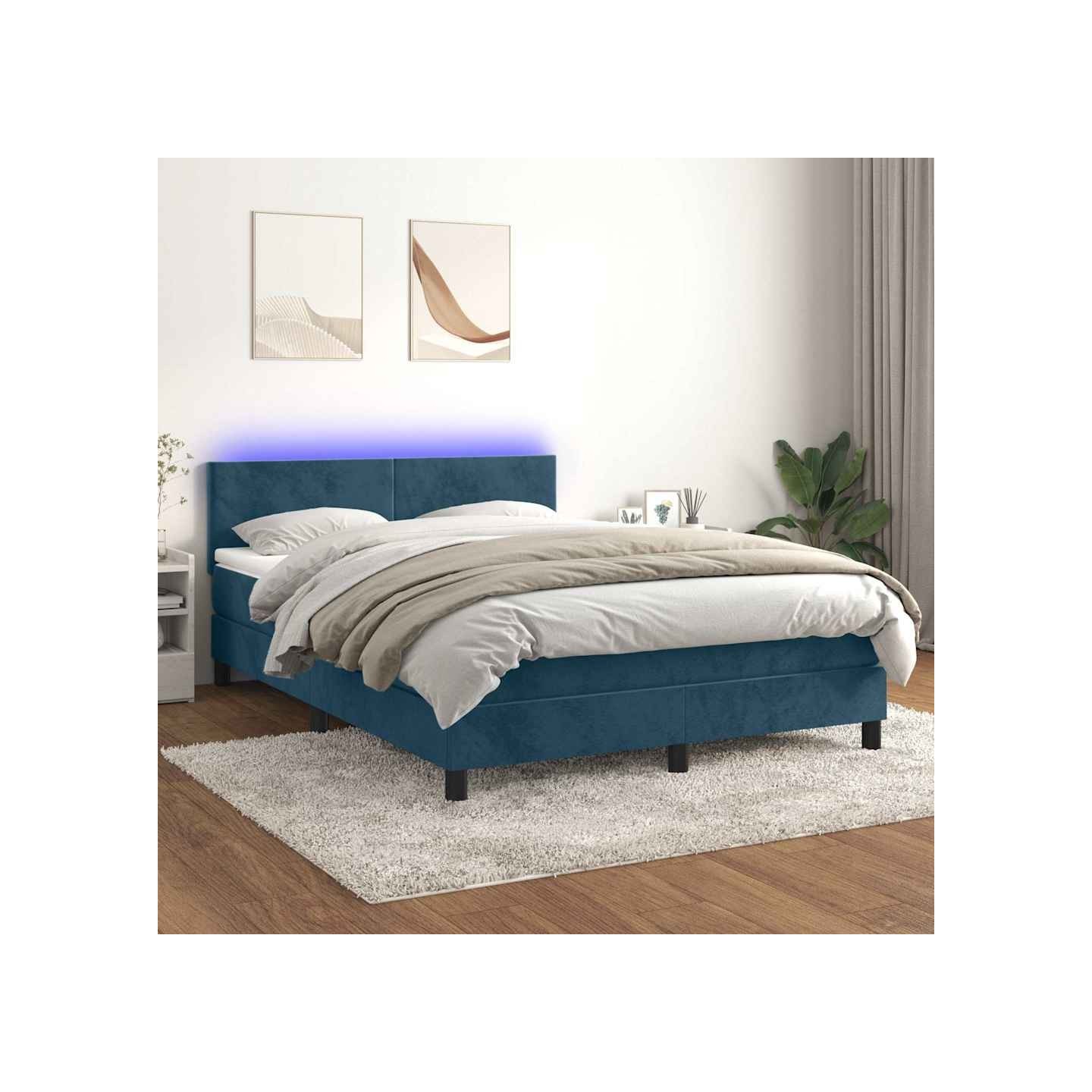 Sommier à lattes de lit avec matelas LED Bleu foncé 140x200 cm