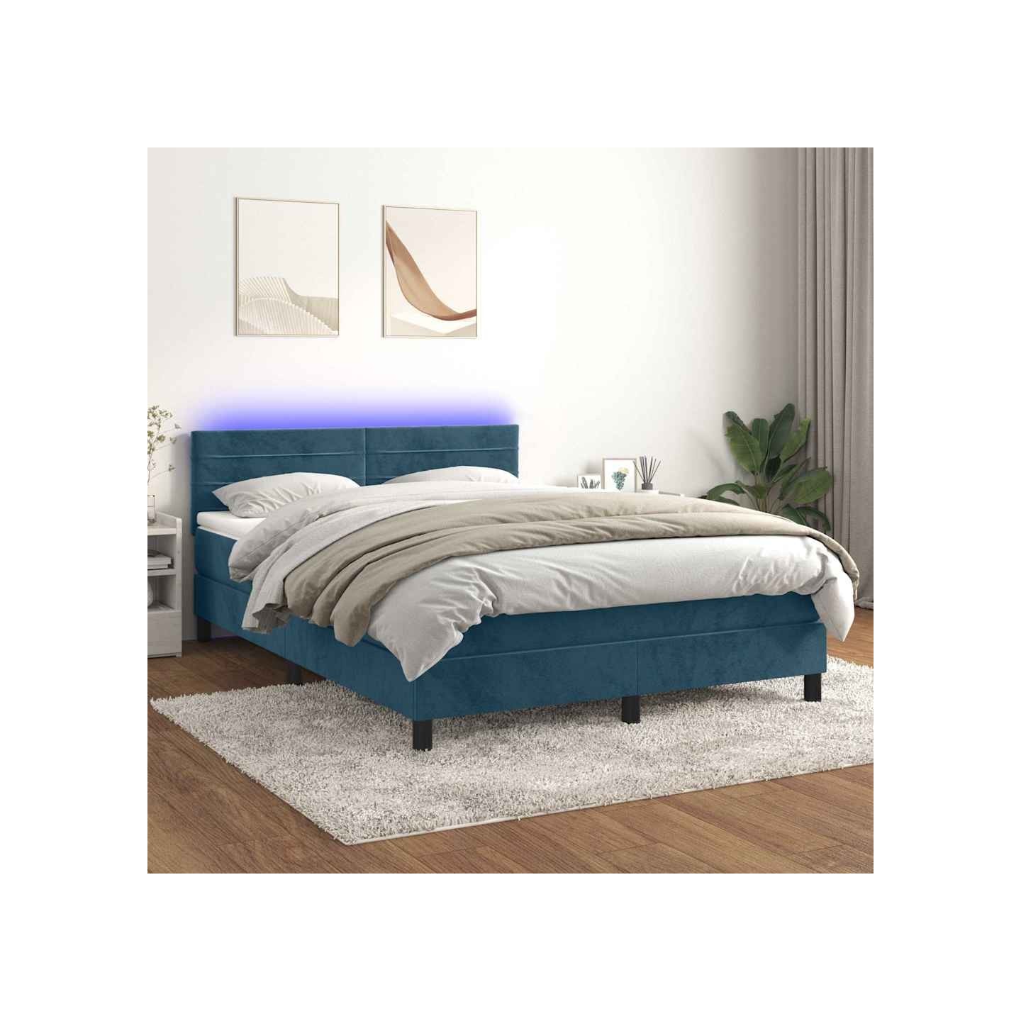 Sommier à lattes de lit avec matelas LED Bleu foncé 140x200 cm