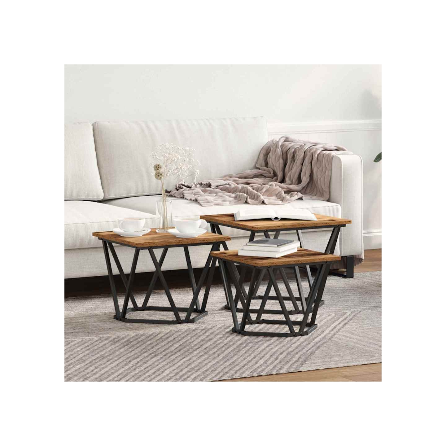 Table basse 3 pc Bois Ancien 50 x 50 x 40 cm