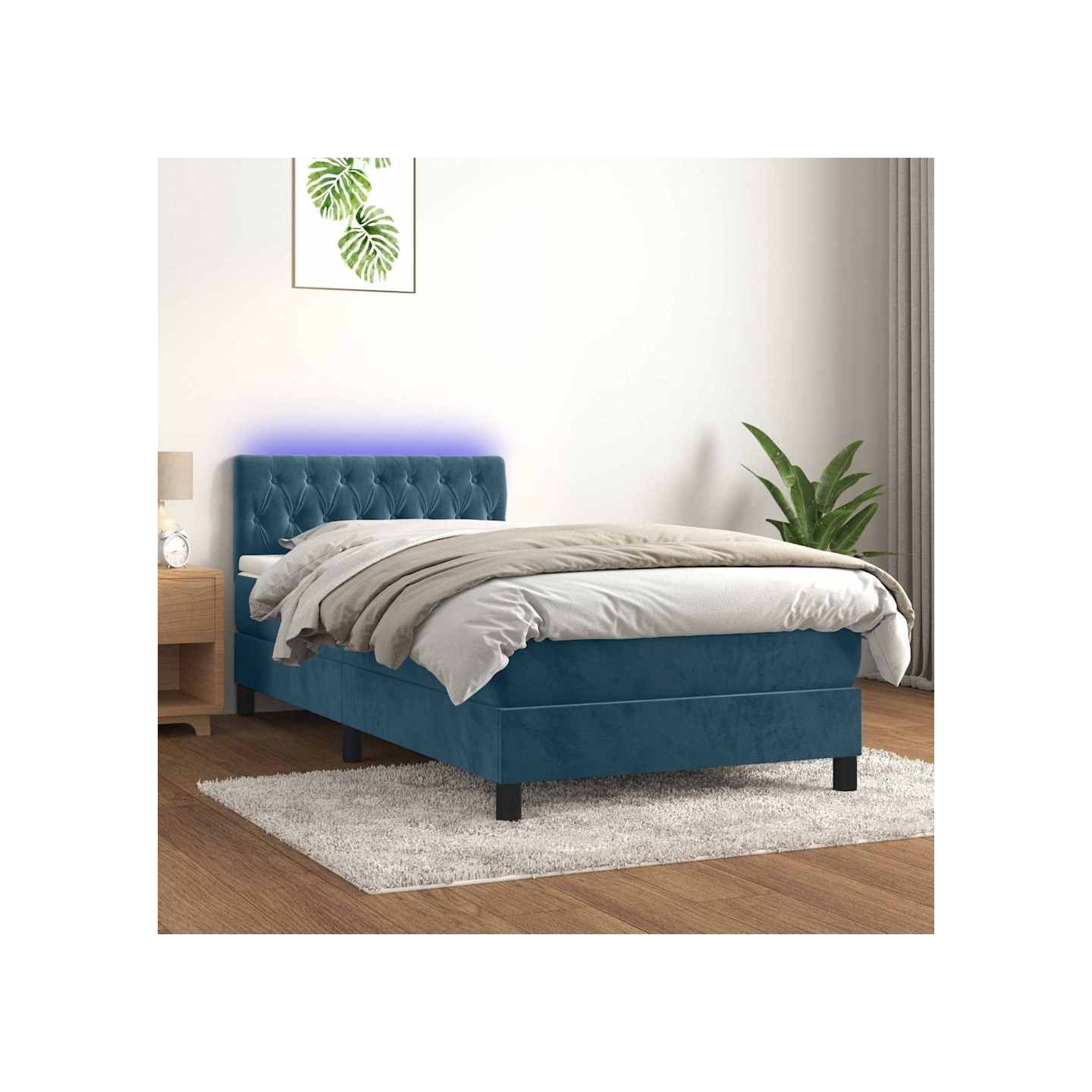 Sommier à lattes de lit avec matelas et LED Bleu foncé 90x200cm