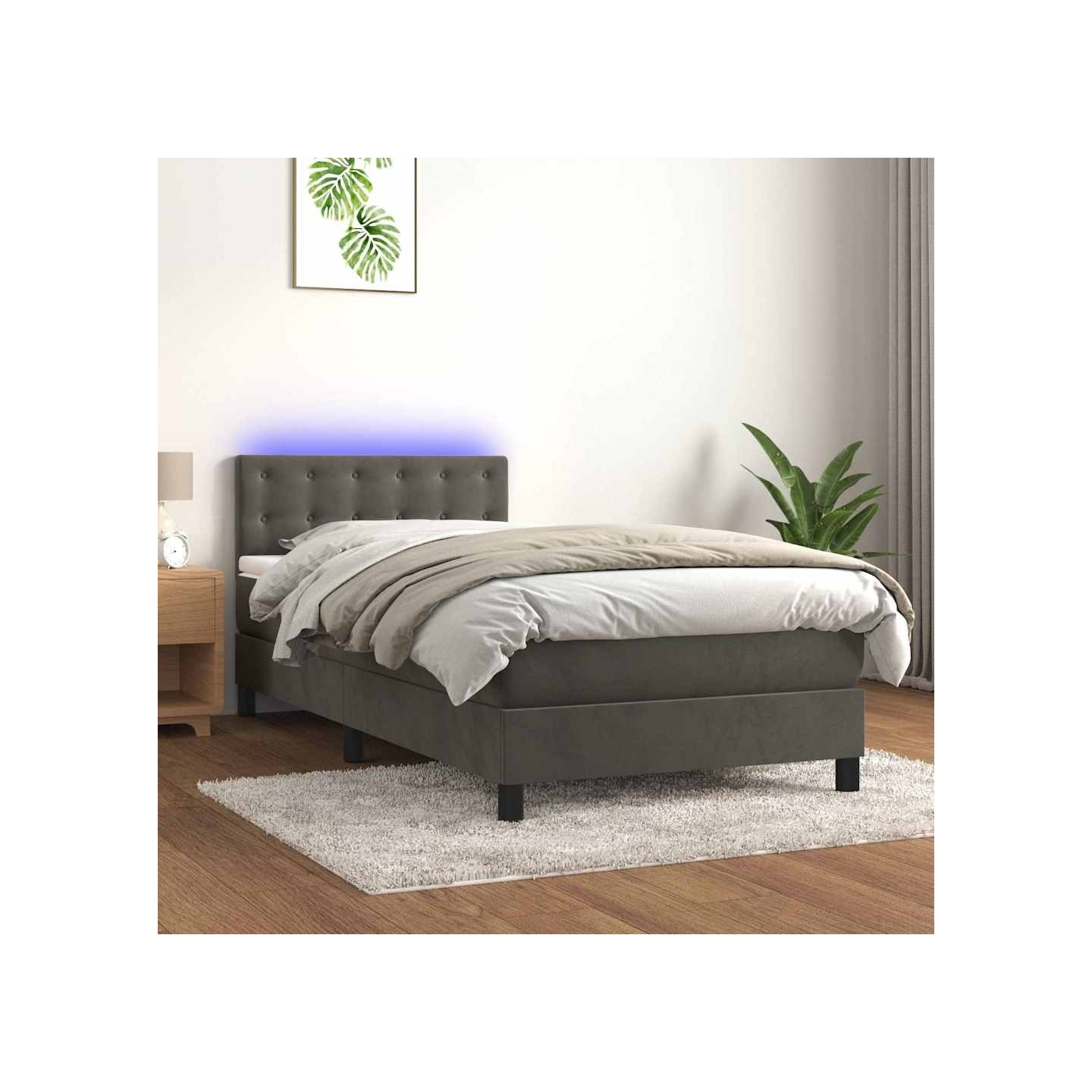Sommier à lattes de lit avec matelas et LED Gris foncé 90x190cm