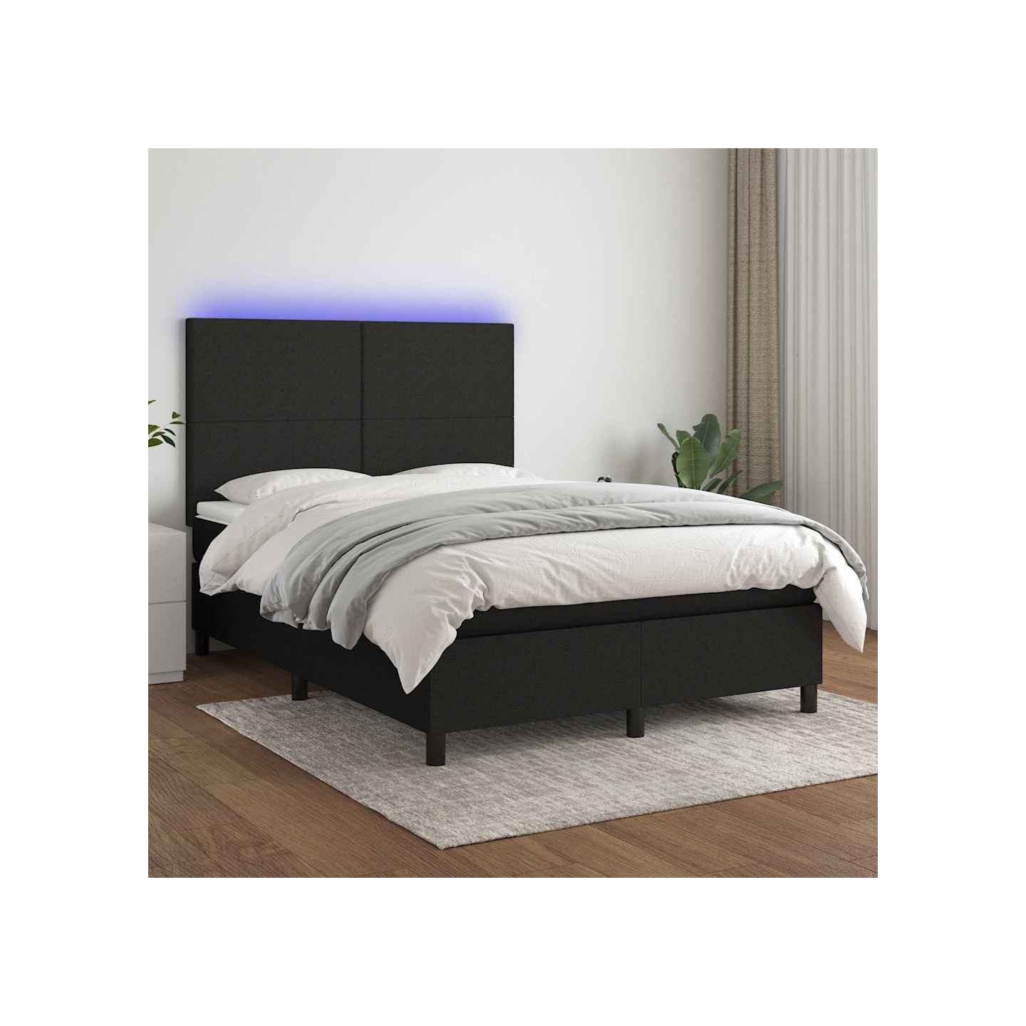 Sommier à lattes de lit et matelas et LED Noir 140x200 cm Tissu