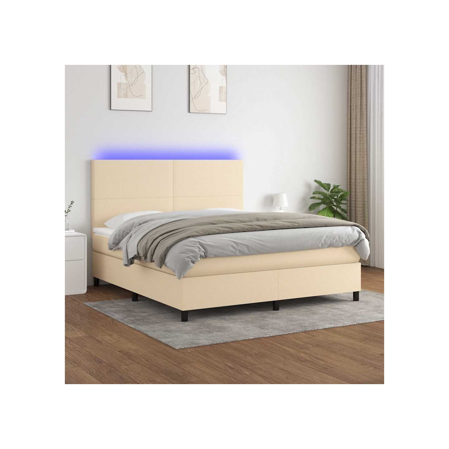 Sommier à lattes de lit et matelas et LED Crème 160x200cm Tissu