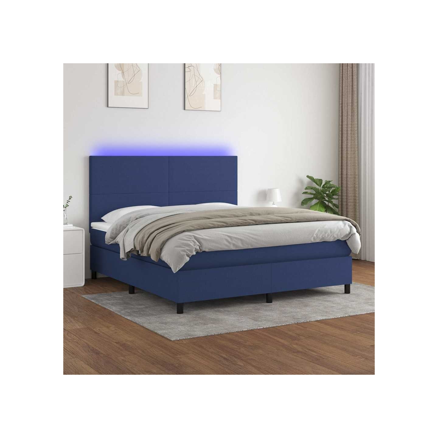 Sommier à lattes de lit et matelas et LED Bleu 160x200 cm Tissu
