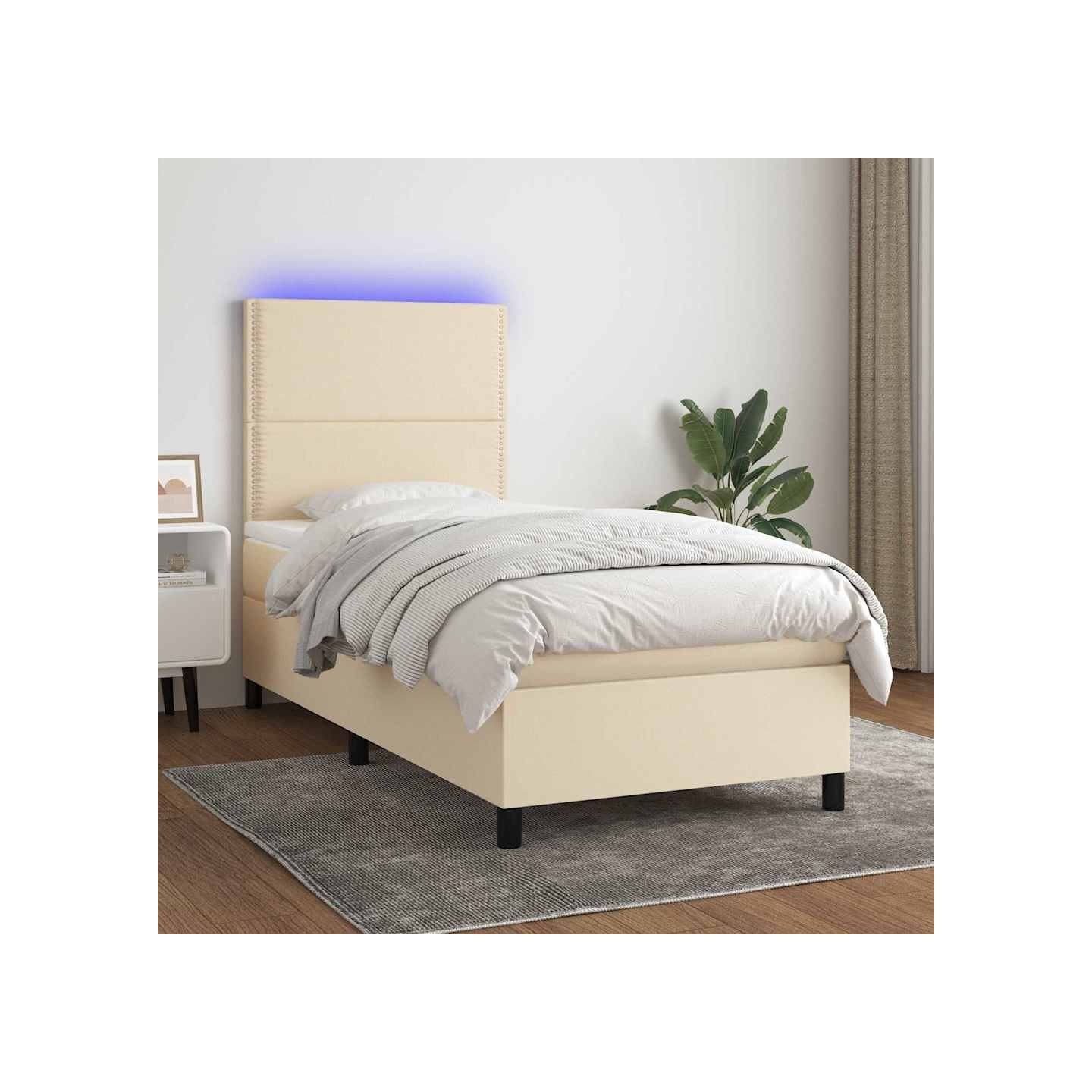 Sommier à lattes de lit et matelas et LED Crème 90x190 cm Tissu