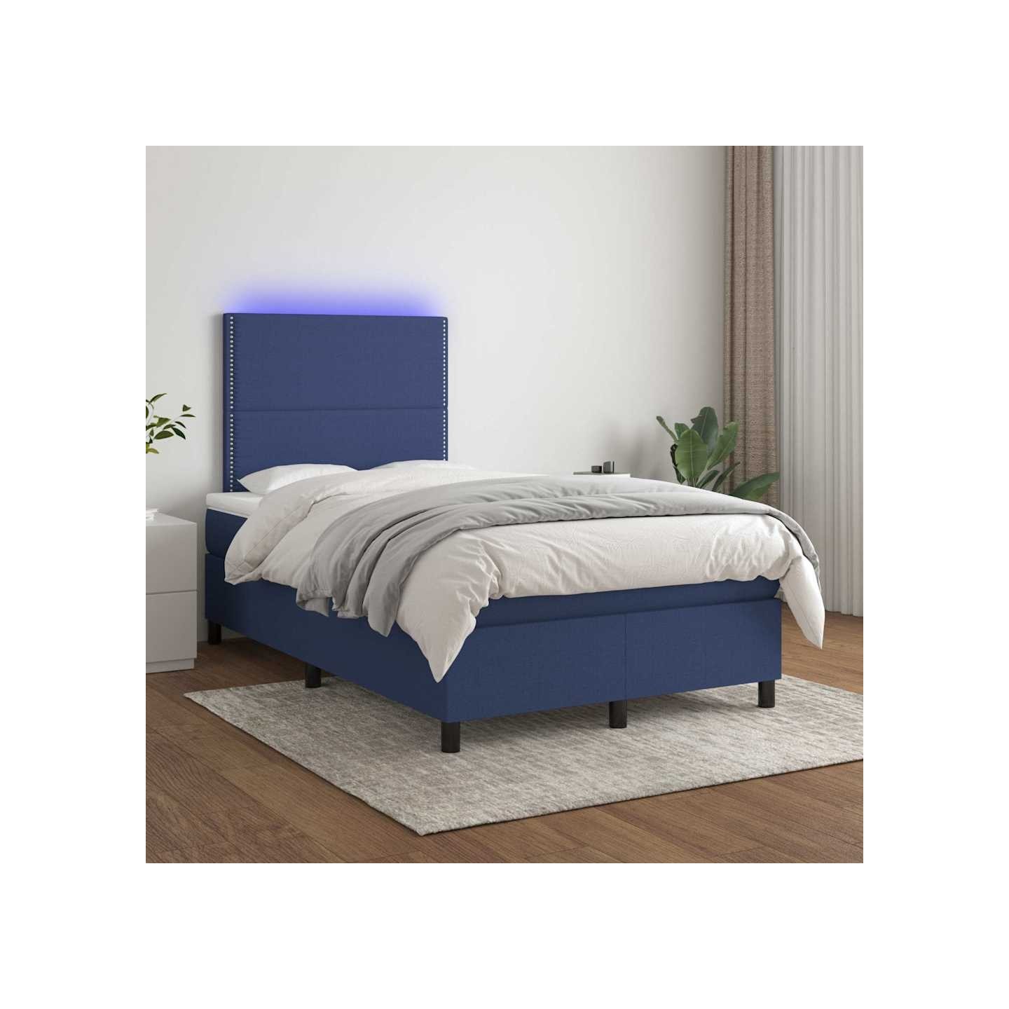 Sommier à lattes de lit et matelas et LED Bleu 120x200 cm Tissu