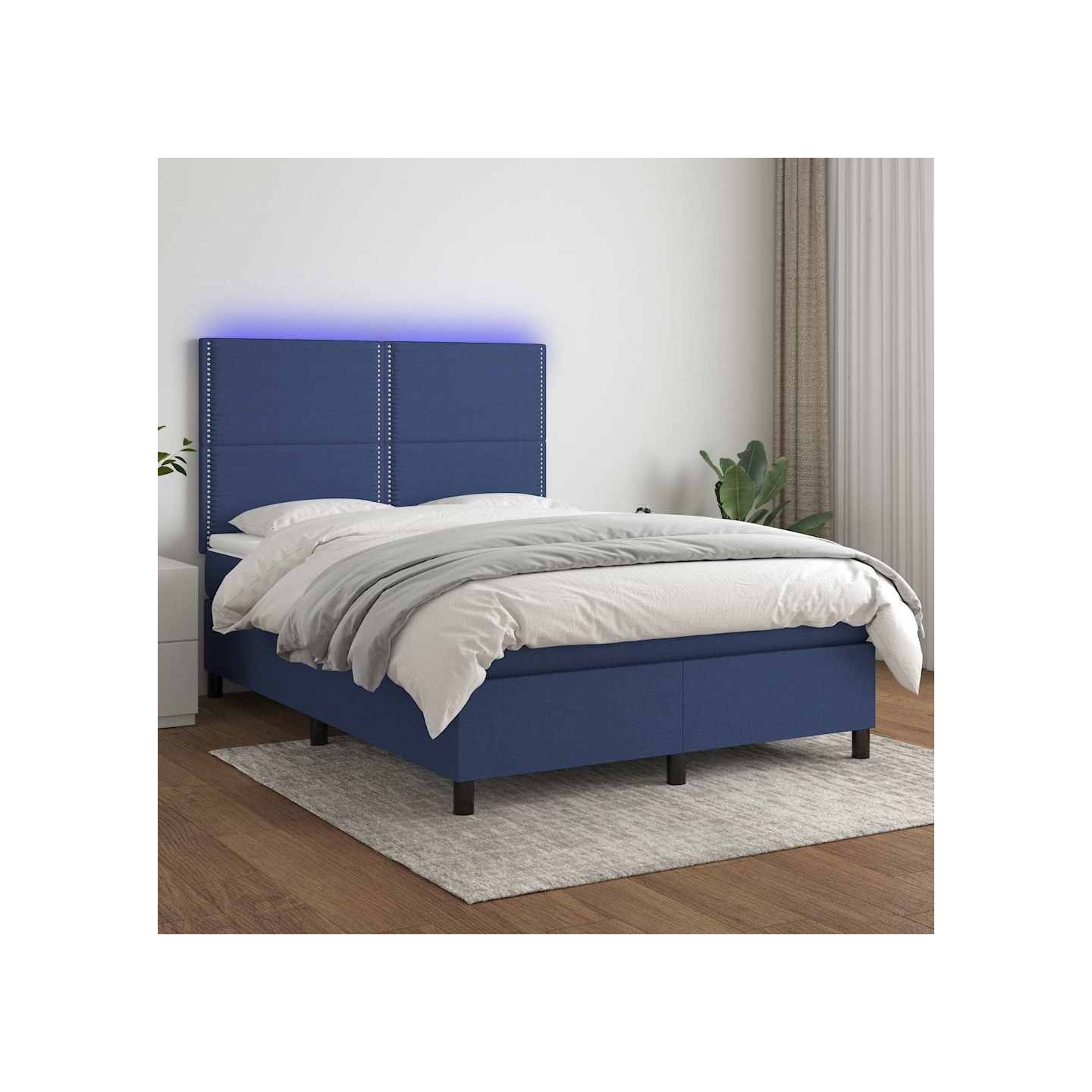 Sommier à lattes de lit et matelas et LED Bleu 140x200 cm Tissu