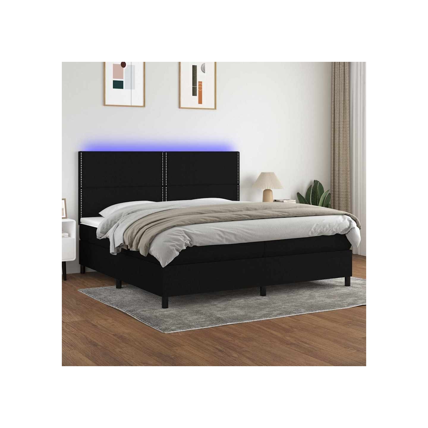 Sommier à lattes de lit et matelas et LED Noir 200x200 cm Tissu
