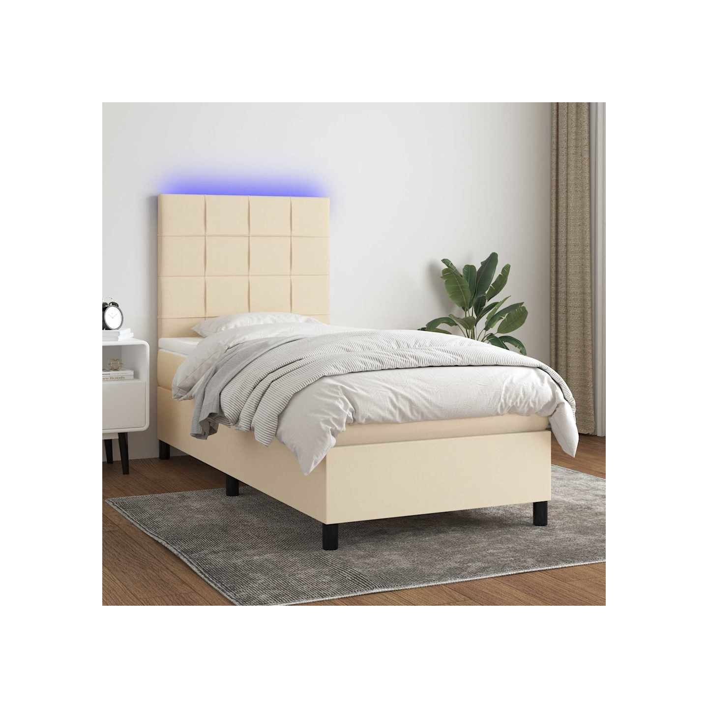 Sommier à lattes de lit et matelas et LED Crème 90x190 cm Tissu