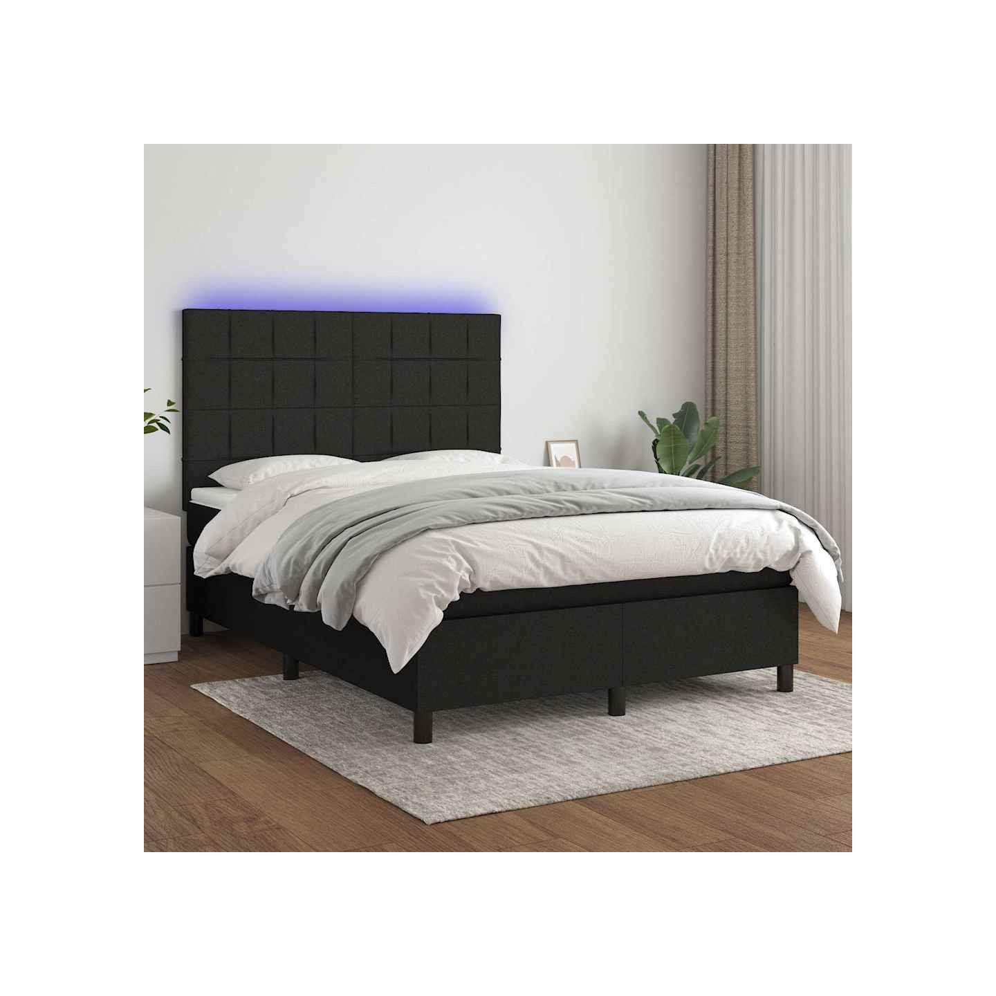 Sommier à lattes de lit et matelas et LED Noir 140x200 cm Tissu
