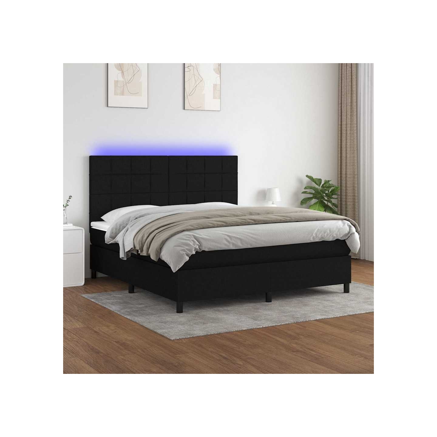 Sommier à lattes de lit et matelas et LED Noir 180x200 cm Tissu