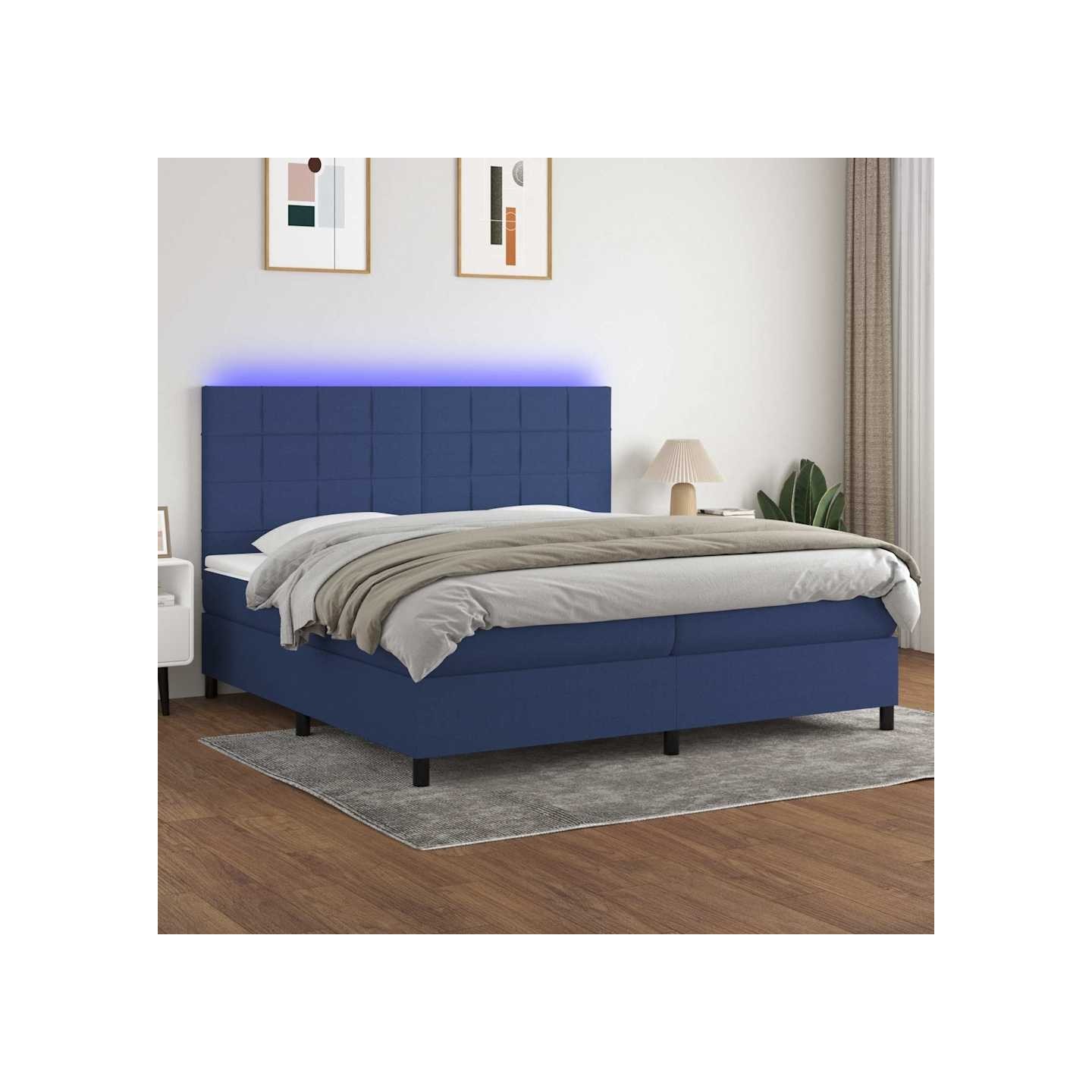 Sommier à lattes de lit et matelas et LED Bleu 200x200 cm Tissu