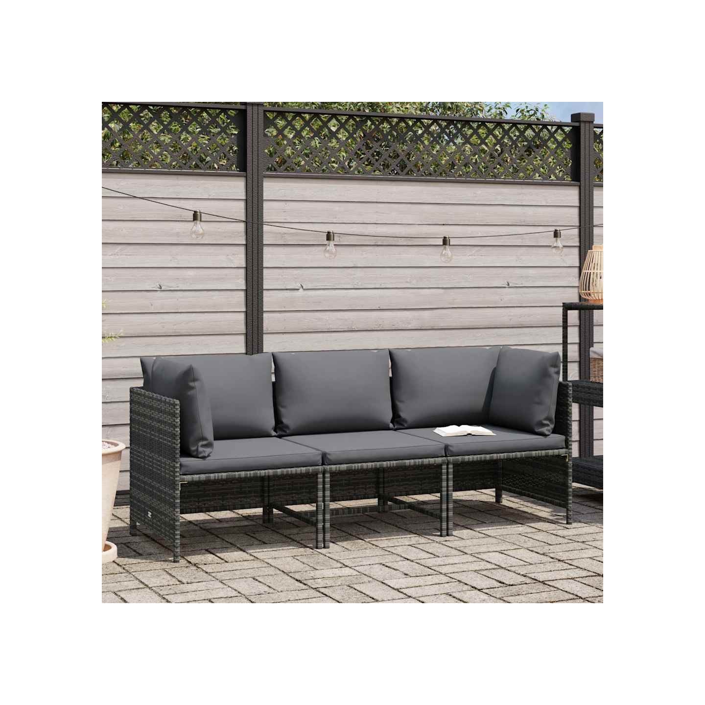 Canapé de jardin à 3 places avec coussins Gris Résine tressée