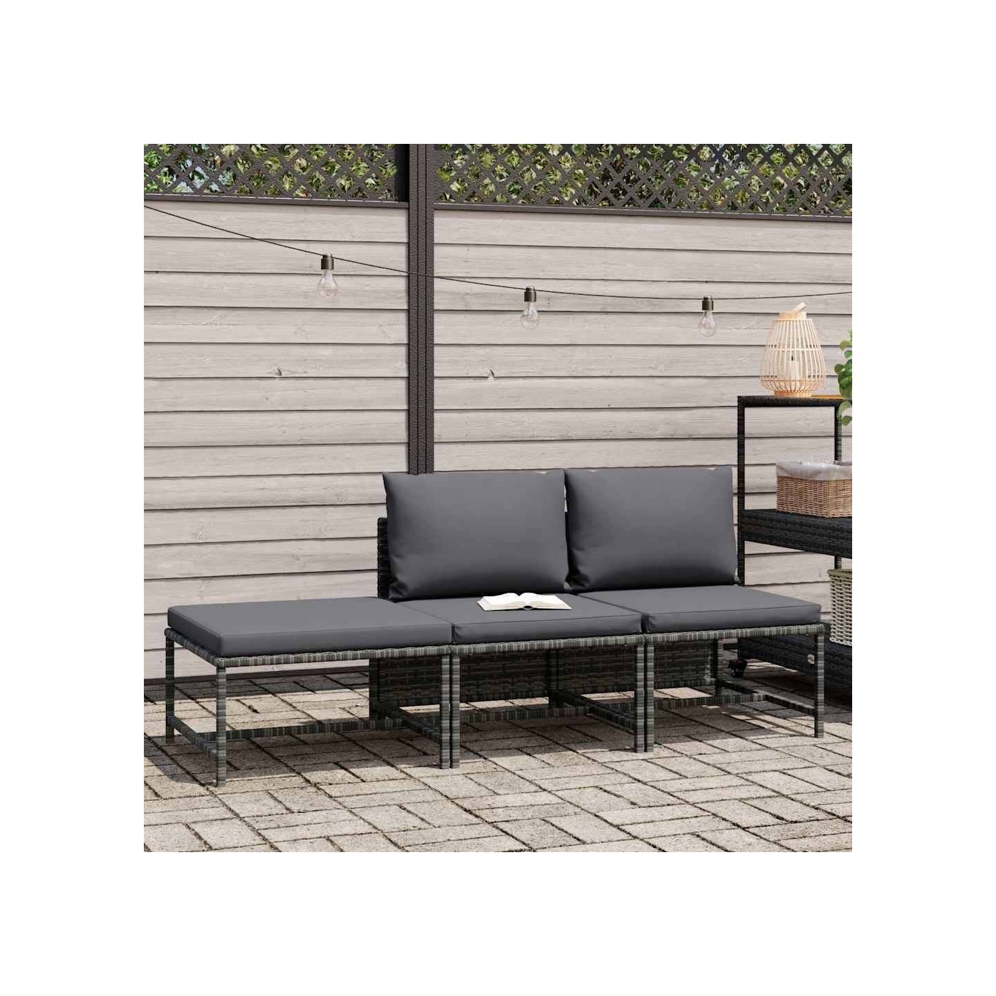 Salon de jardin 3 pcs avec coussins Gris Résine tressée