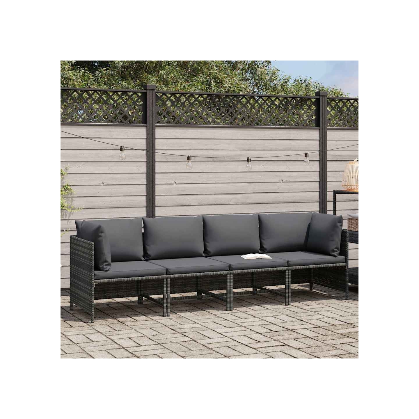 Canapé de jardin à 4 places avec coussins Gris Résine tressée