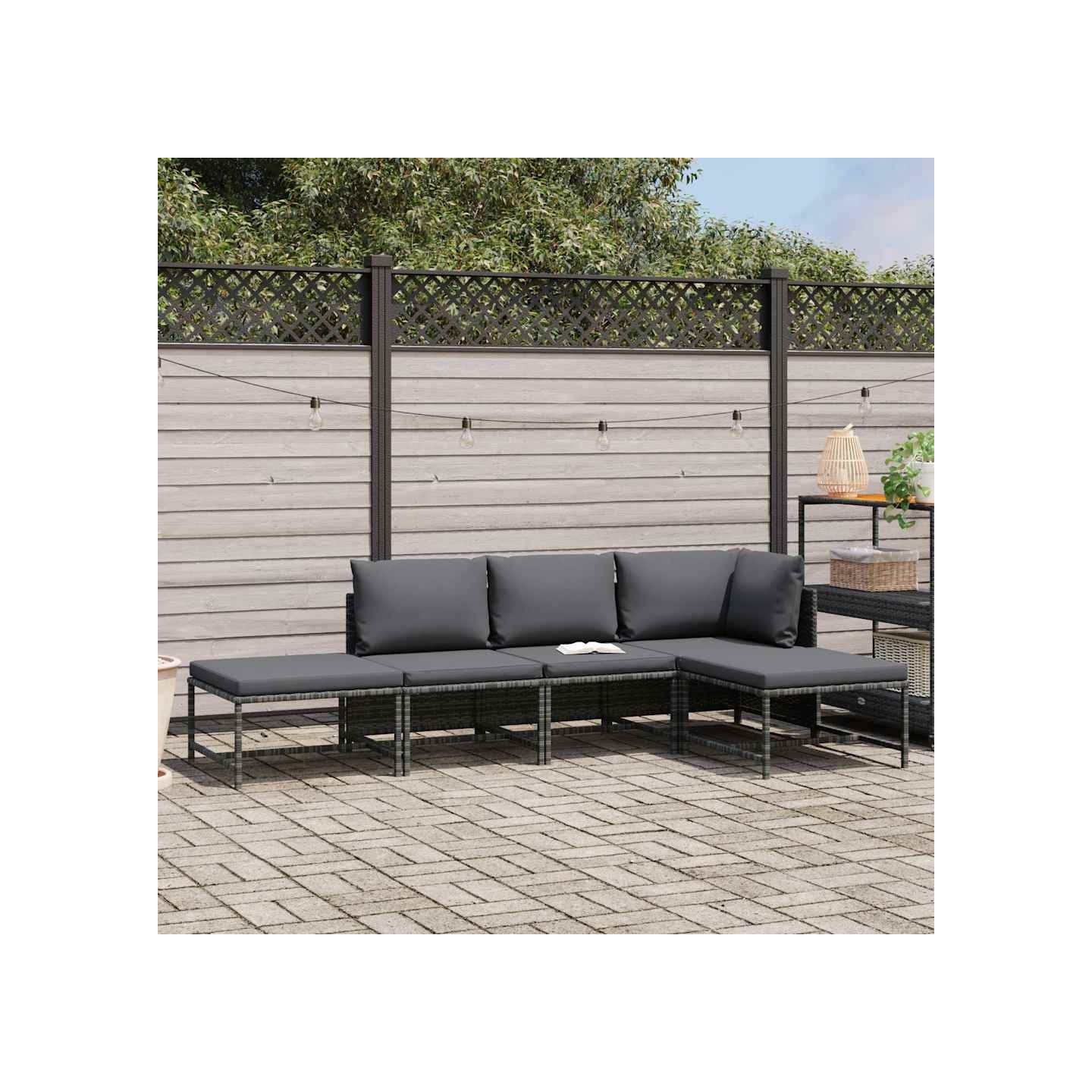 Salon de jardin 5 pcs avec coussins Gris Résine tressée