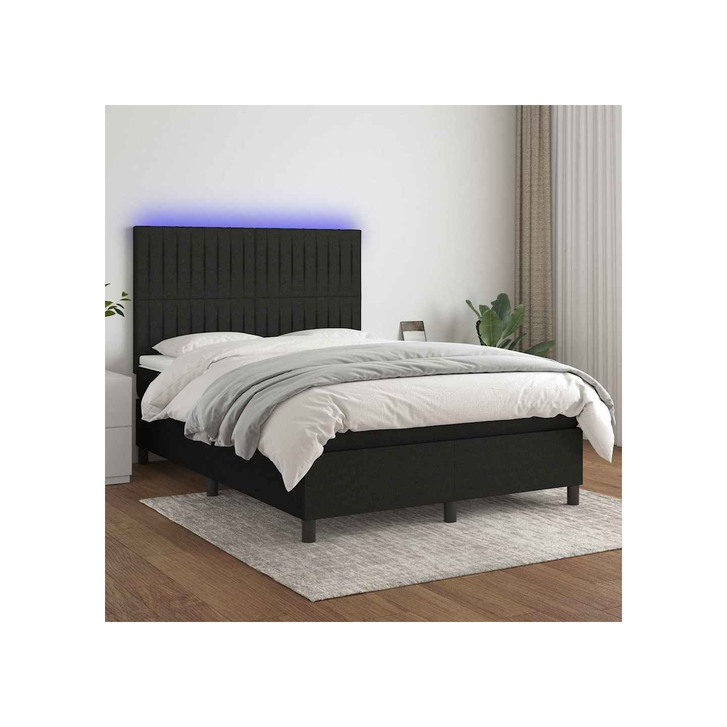 Sommier à lattes de lit et matelas et LED Noir 140x190 cm Tissu