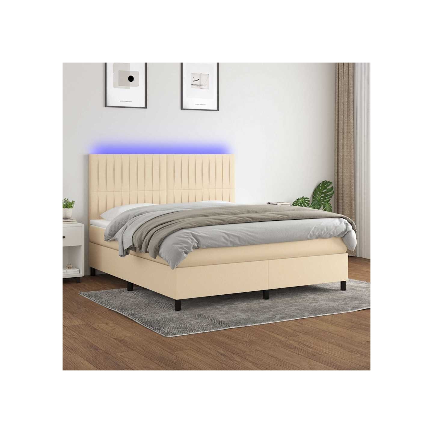 Sommier à lattes de lit et matelas et LED Crème 160x200cm Tissu