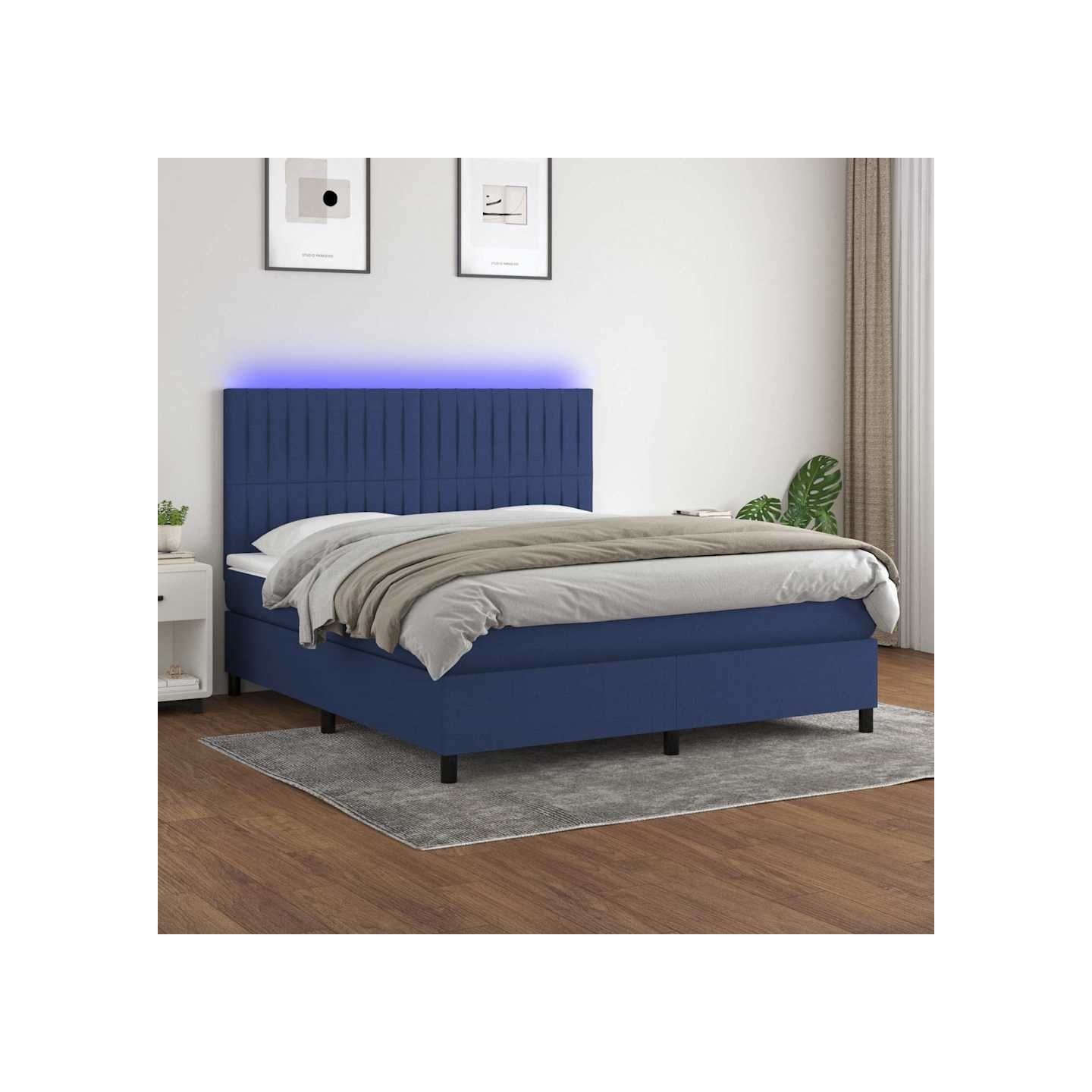 Sommier à lattes de lit et matelas et LED Bleu 160x200 cm Tissu