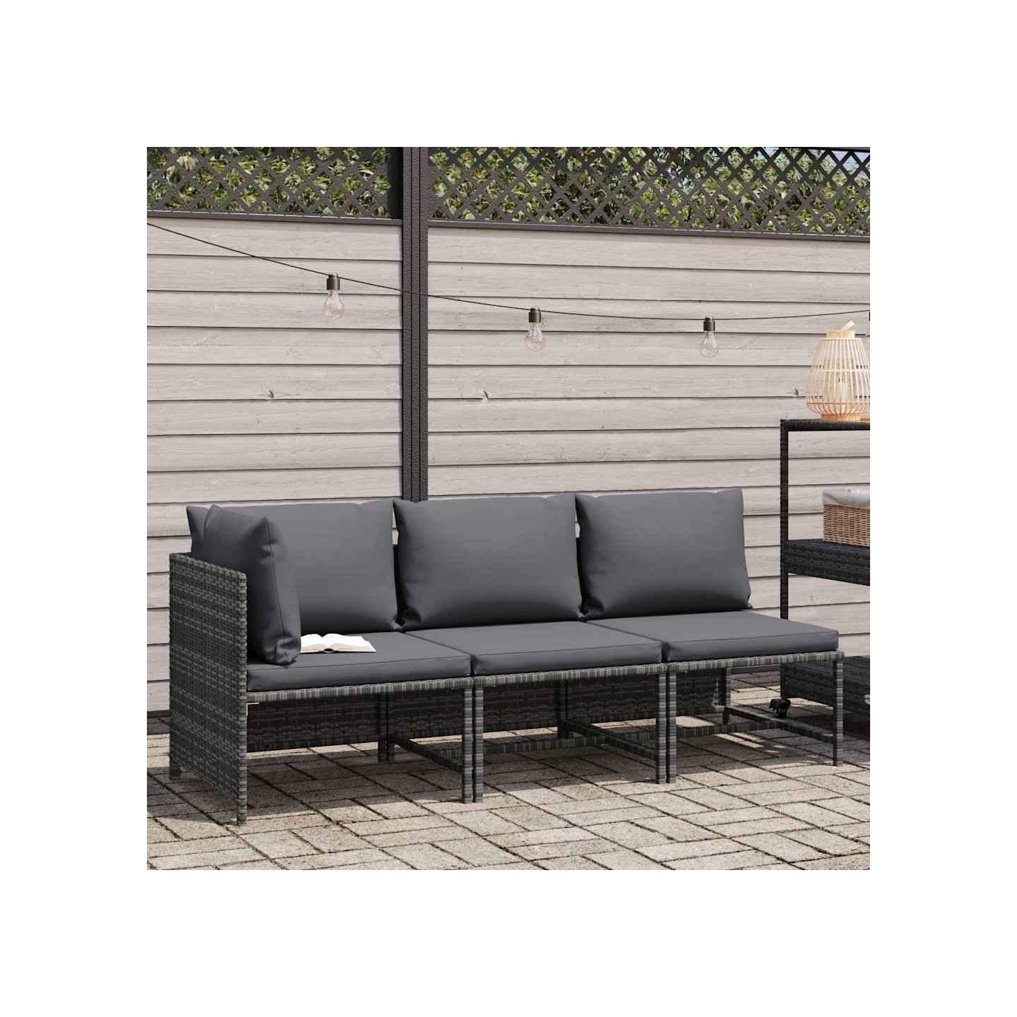 Salon de jardin 3 pcs avec coussins Résine tressée Gris