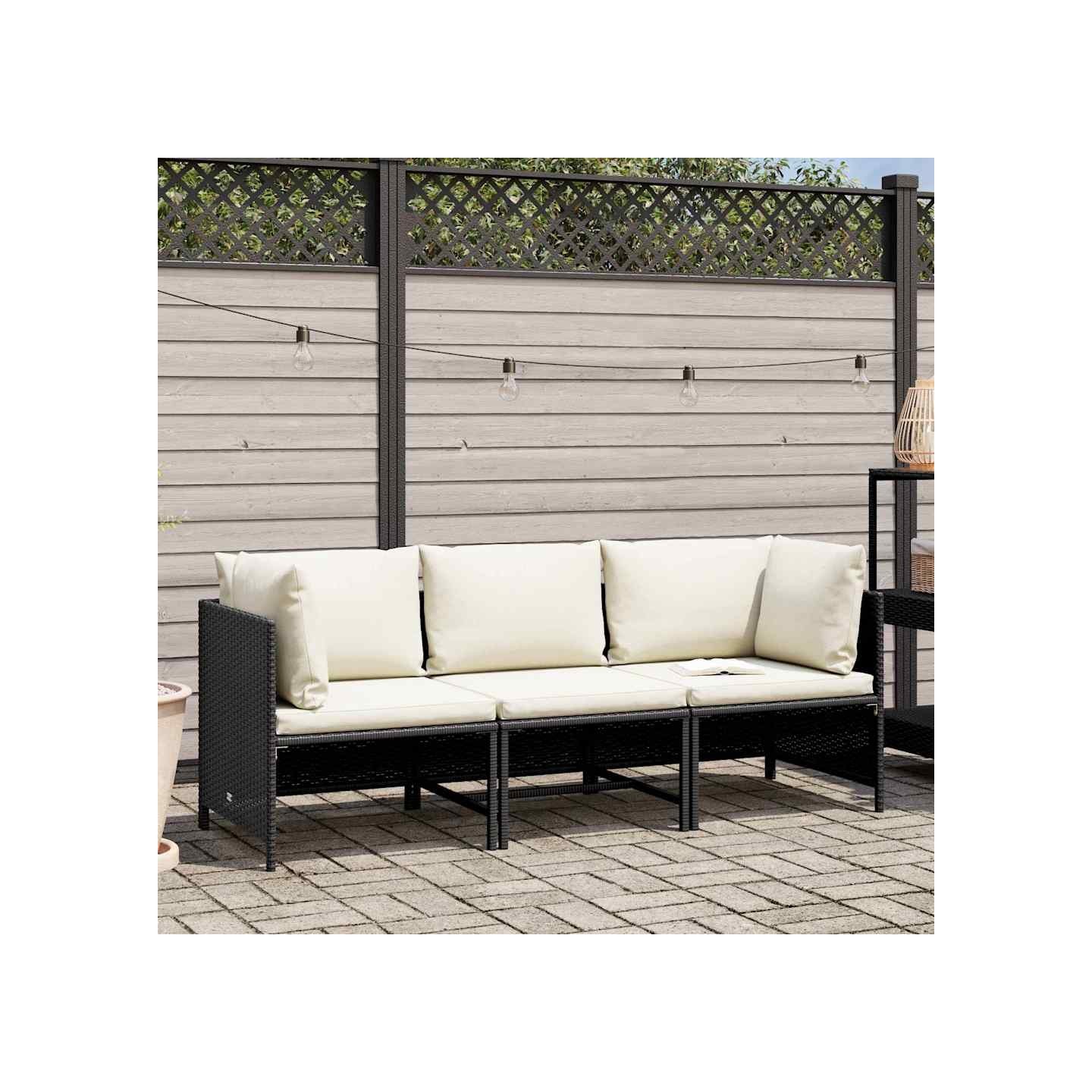 Canapé de jardin à 3 places avec coussins Noir Résine tressée