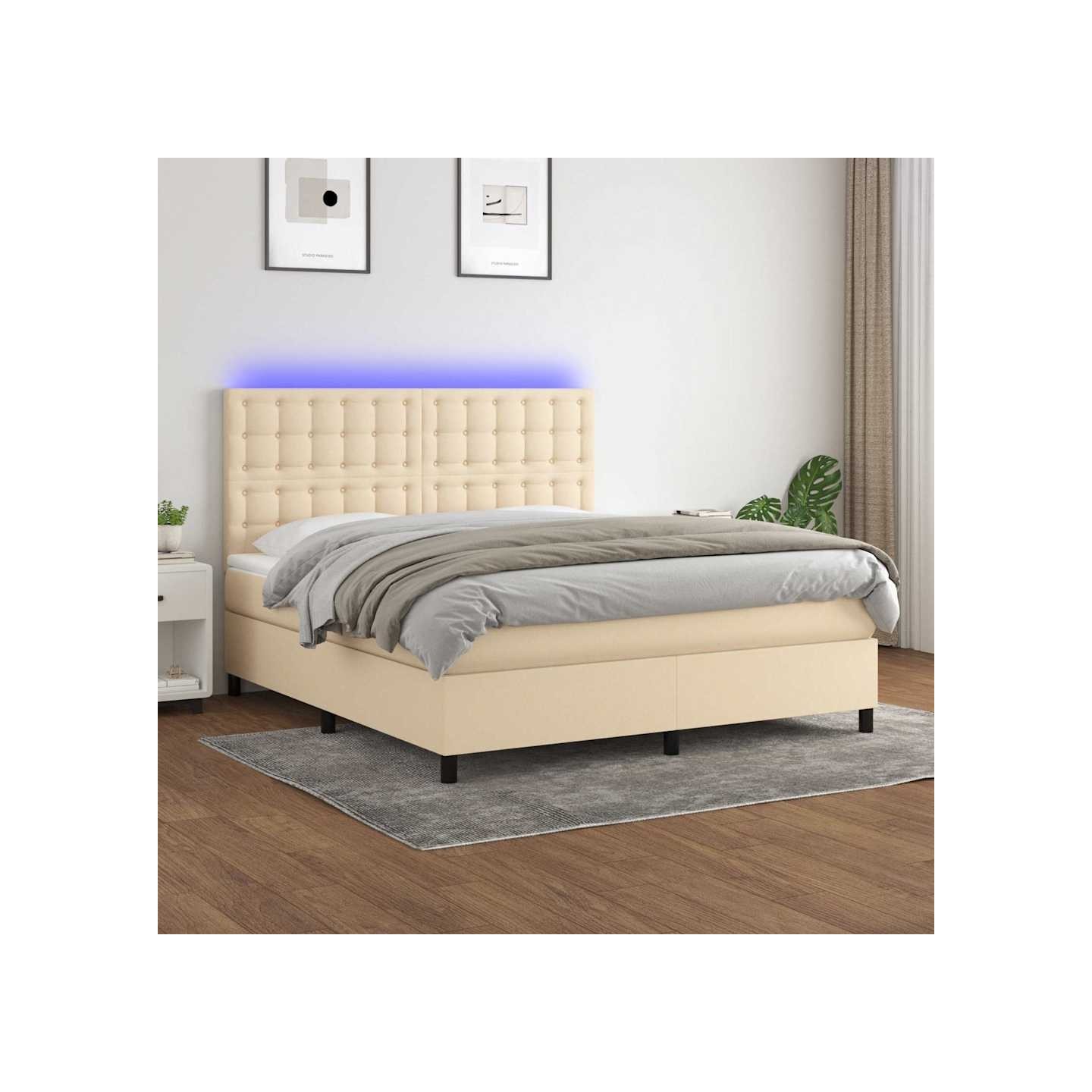 Sommier à lattes de lit et matelas et LED Crème 180x200cm Tissu