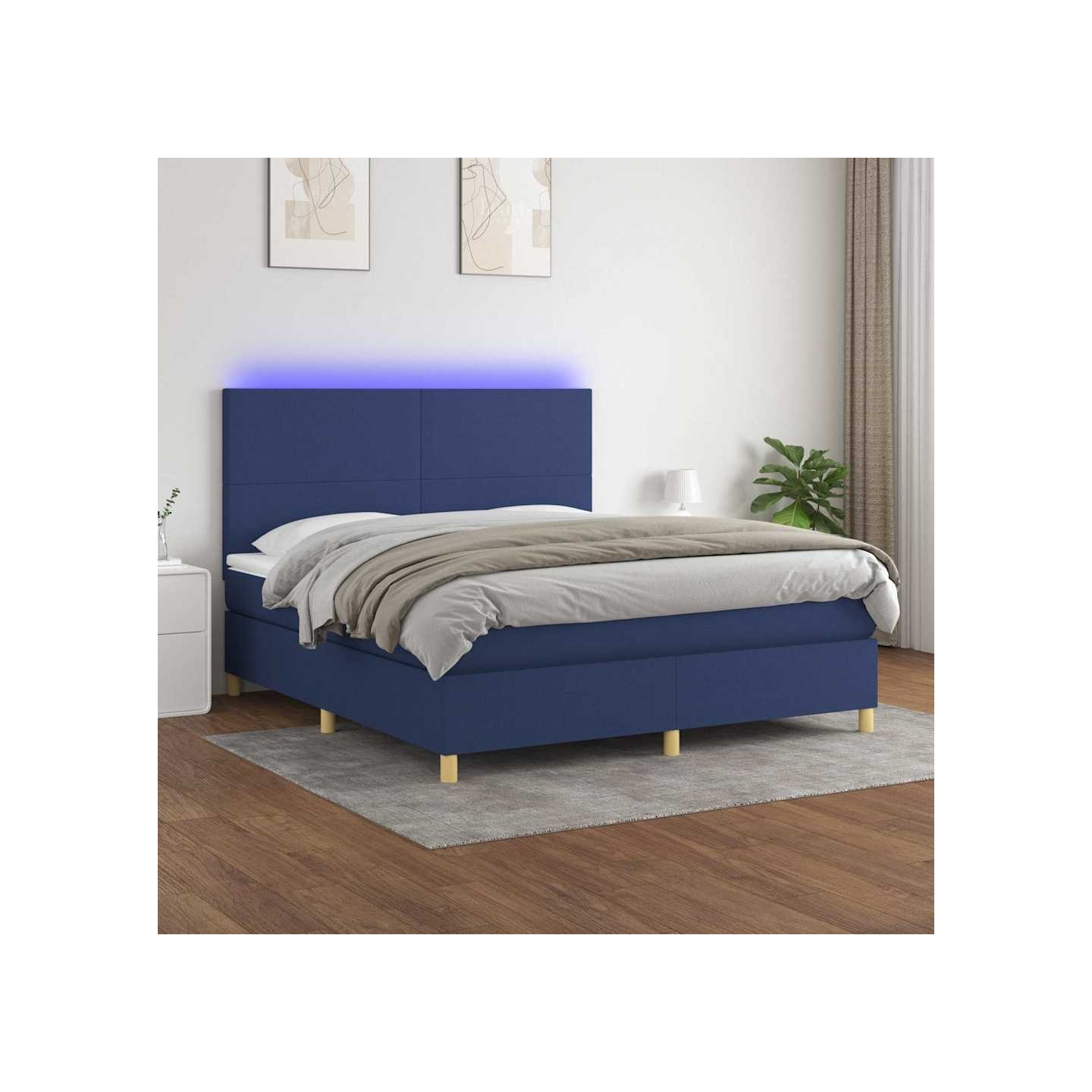 Sommier à lattes de lit et matelas et LED Bleu 160x200 cm Tissu