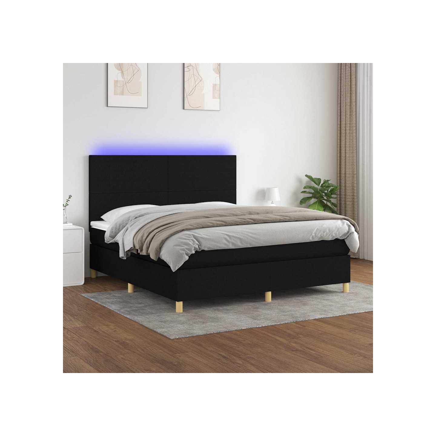 Sommier à lattes de lit et matelas et LED Noir 180x200 cm Tissu