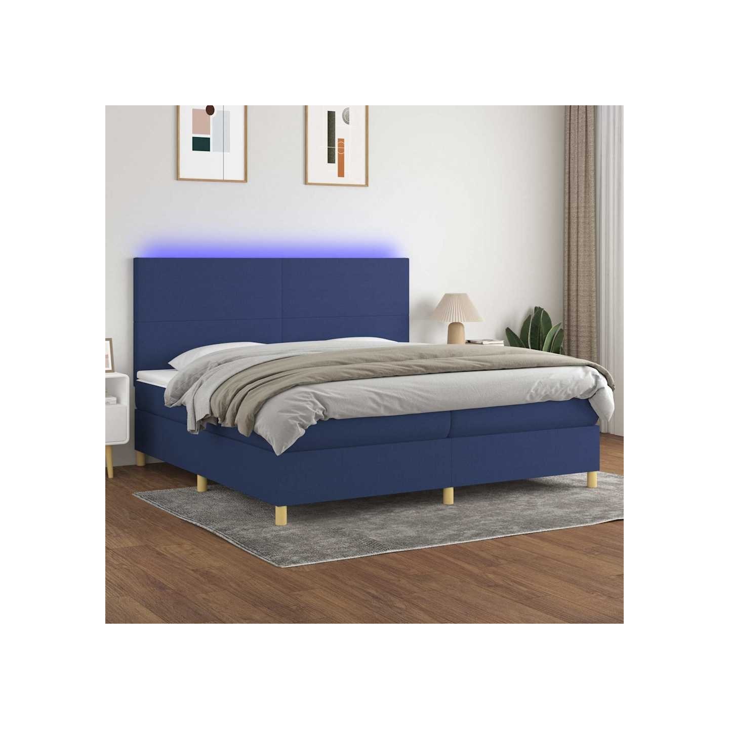 Sommier à lattes de lit et matelas et LED Bleu 200x200 cm Tissu