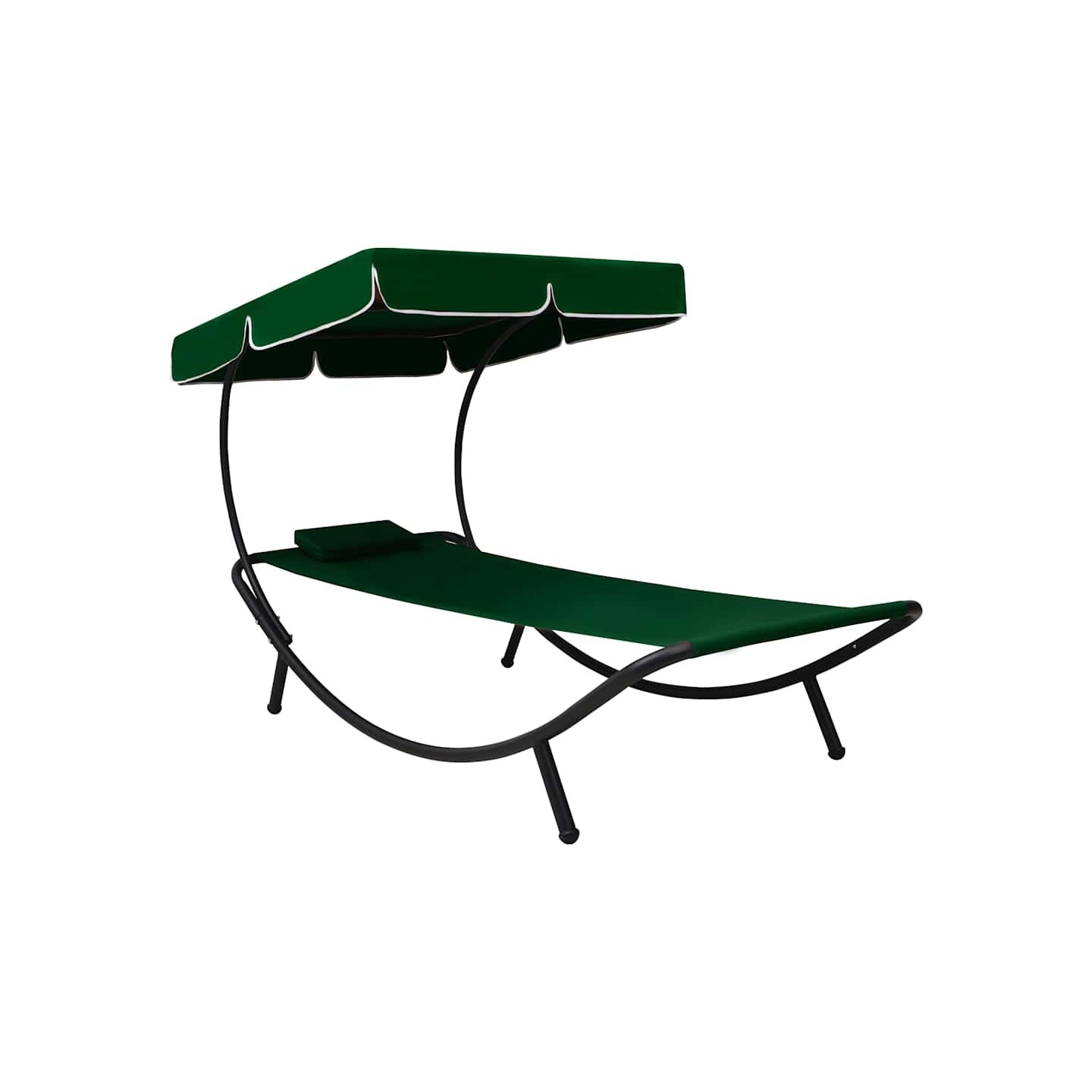Chaise longue de jardin avec auvent et oreiller vert