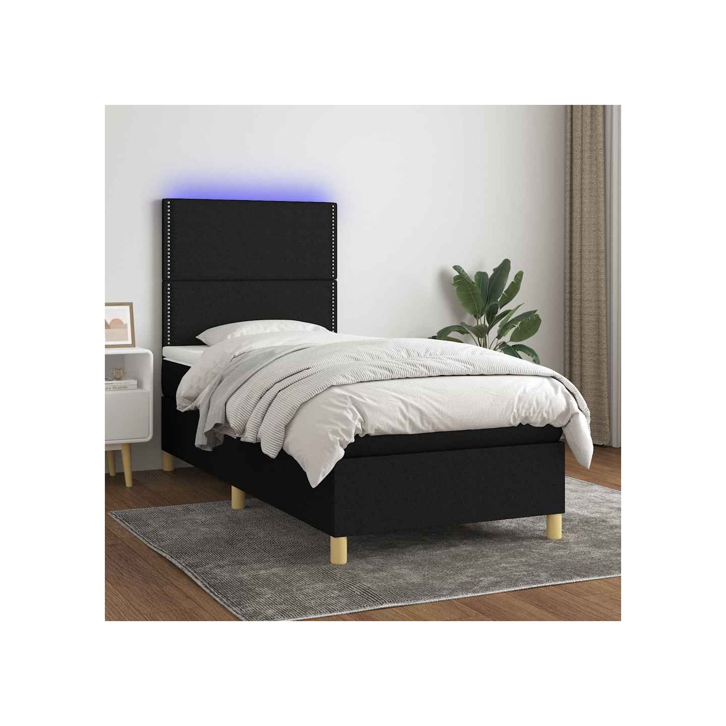 Sommier à lattes de lit et matelas et LED Noir 100x200 cm Tissu