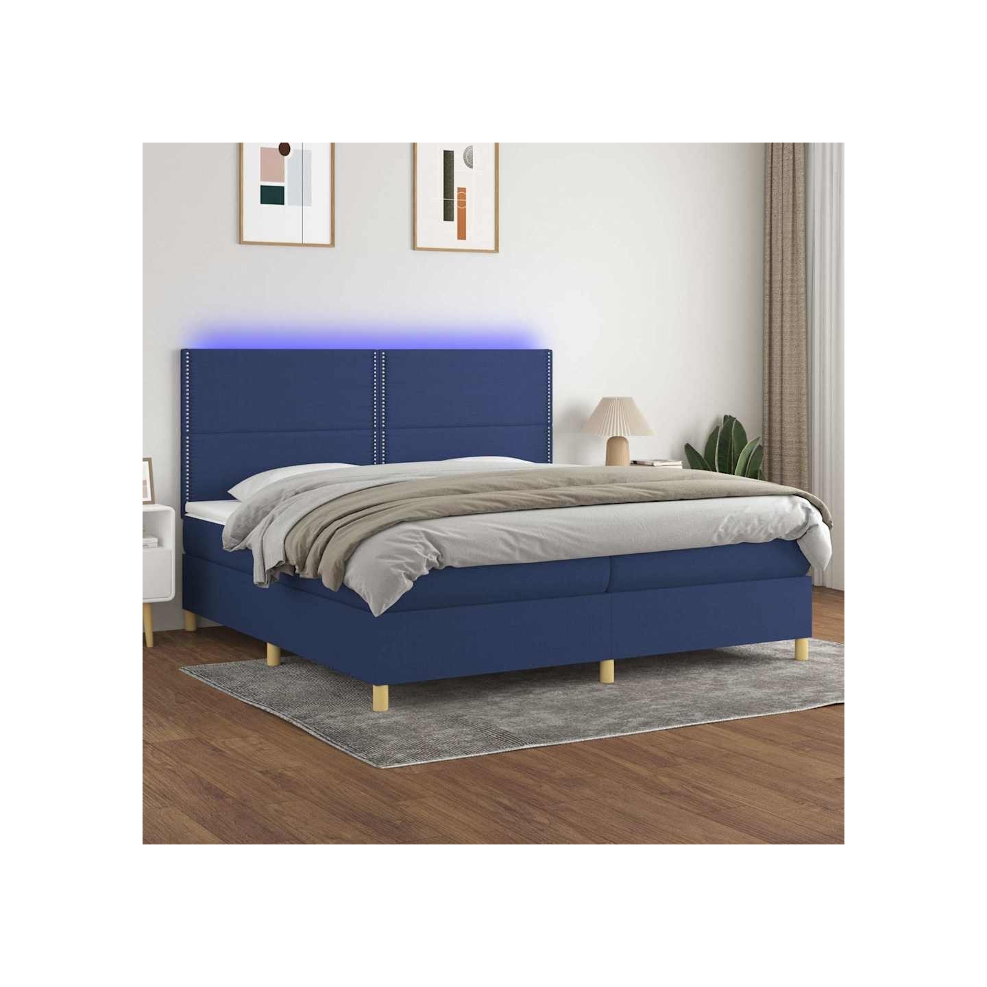 Sommier à lattes de lit et matelas et LED Bleu 200x200 cm Tissu