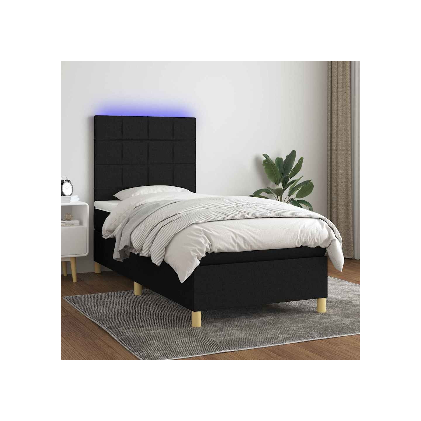 Sommier à lattes de lit et matelas et LED Noir 100x200 cm Tissu