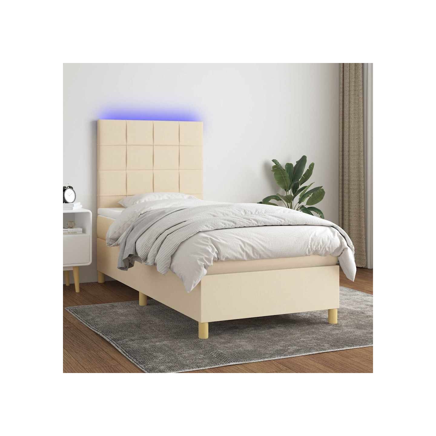 Sommier à lattes de lit et matelas et LED Crème 90x200 cm Tissu