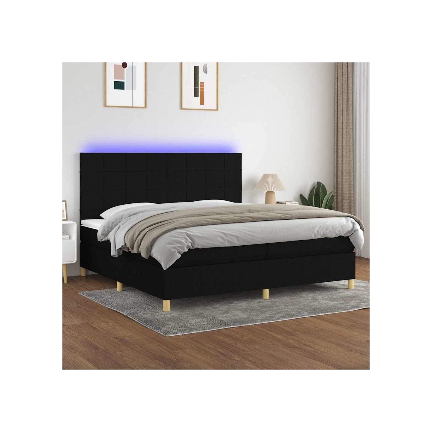 Sommier à lattes de lit et matelas et LED Noir 200x200 cm Tissu
