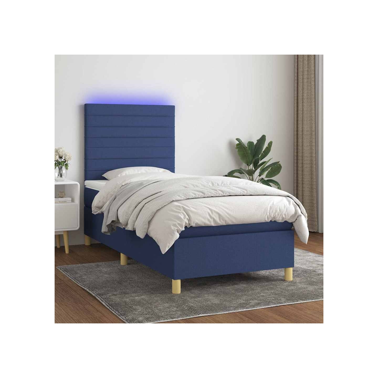 Sommier à lattes de lit et matelas et LED Bleu 80x200 cm Tissu