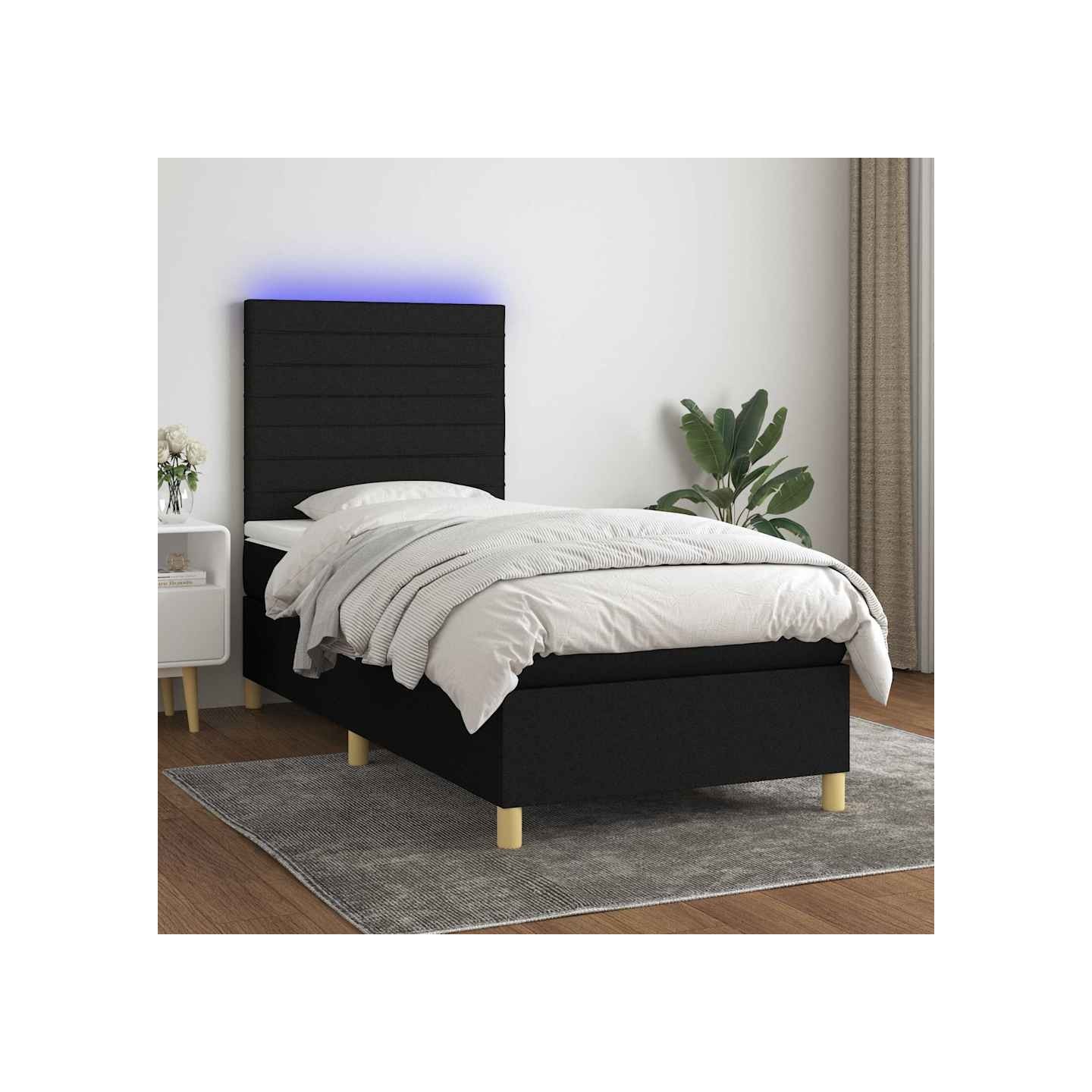 Sommier à lattes de lit et matelas et LED Noir 80x200cm Tissu