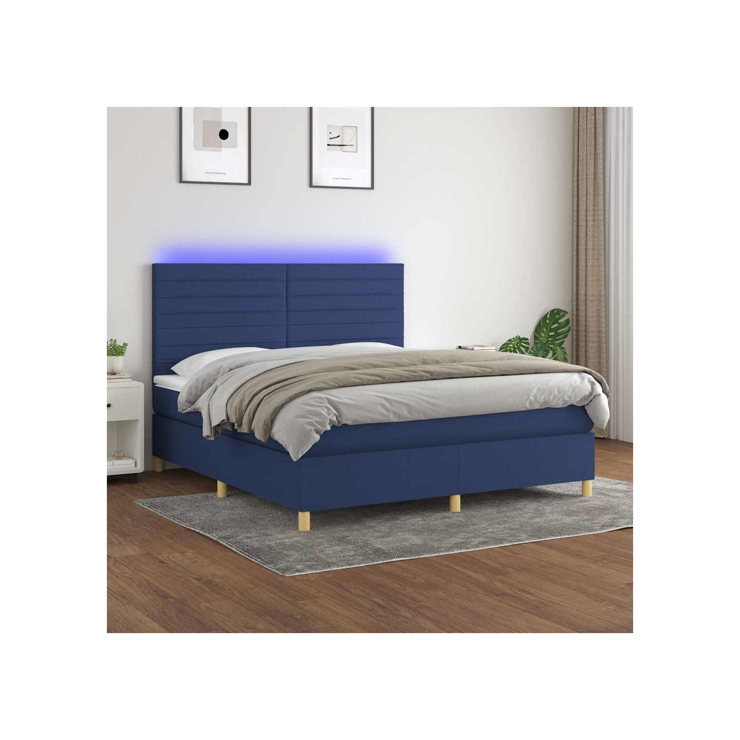 Sommier à lattes de lit et matelas et LED Bleu 180x200 cm Tissu