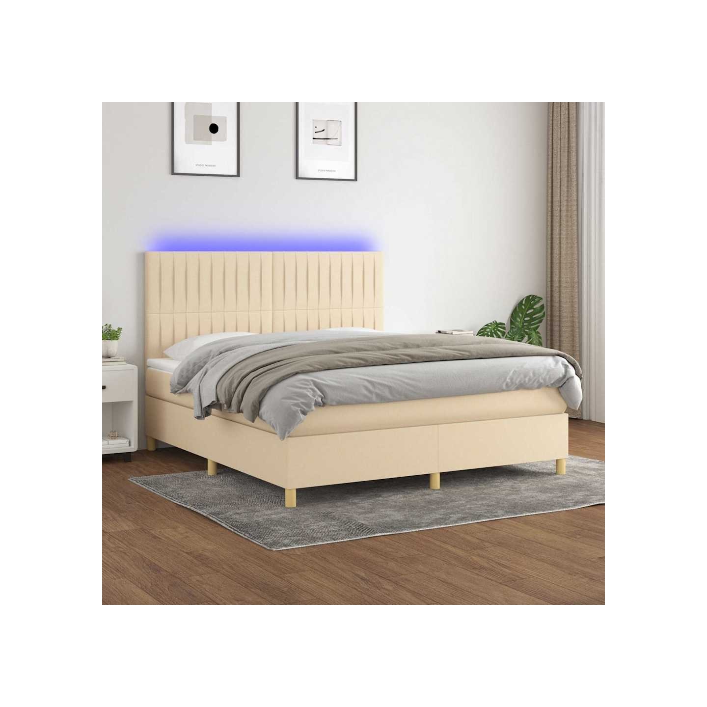 Sommier à lattes de lit et matelas et LED Crème 160x200cm Tissu