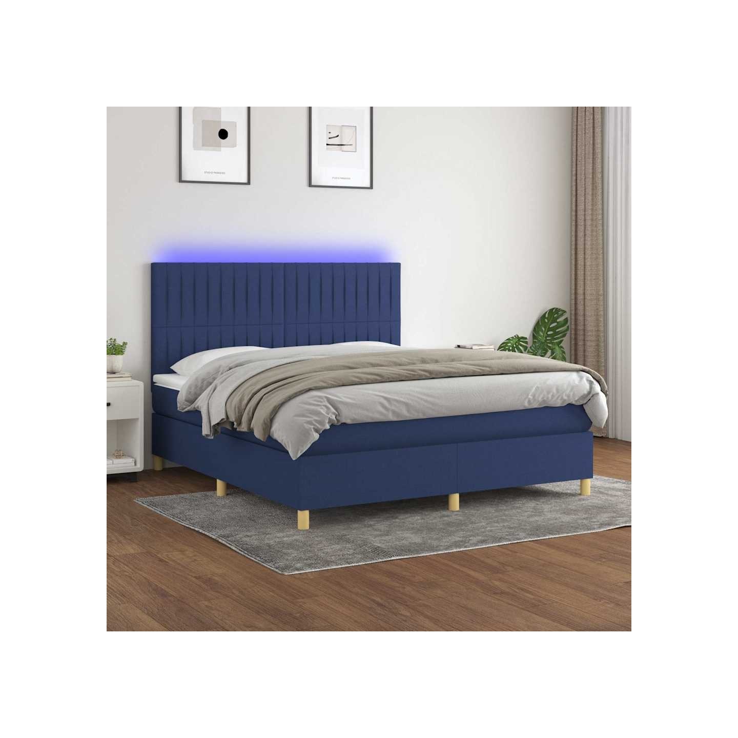 Sommier à lattes de lit et matelas et LED Bleu 180x200 cm Tissu
