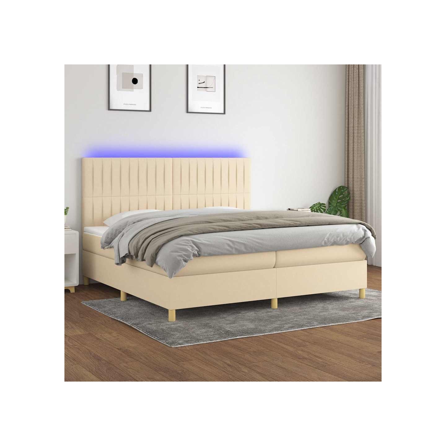 Sommier à lattes de lit et matelas et LED Crème 200x200cm Tissu