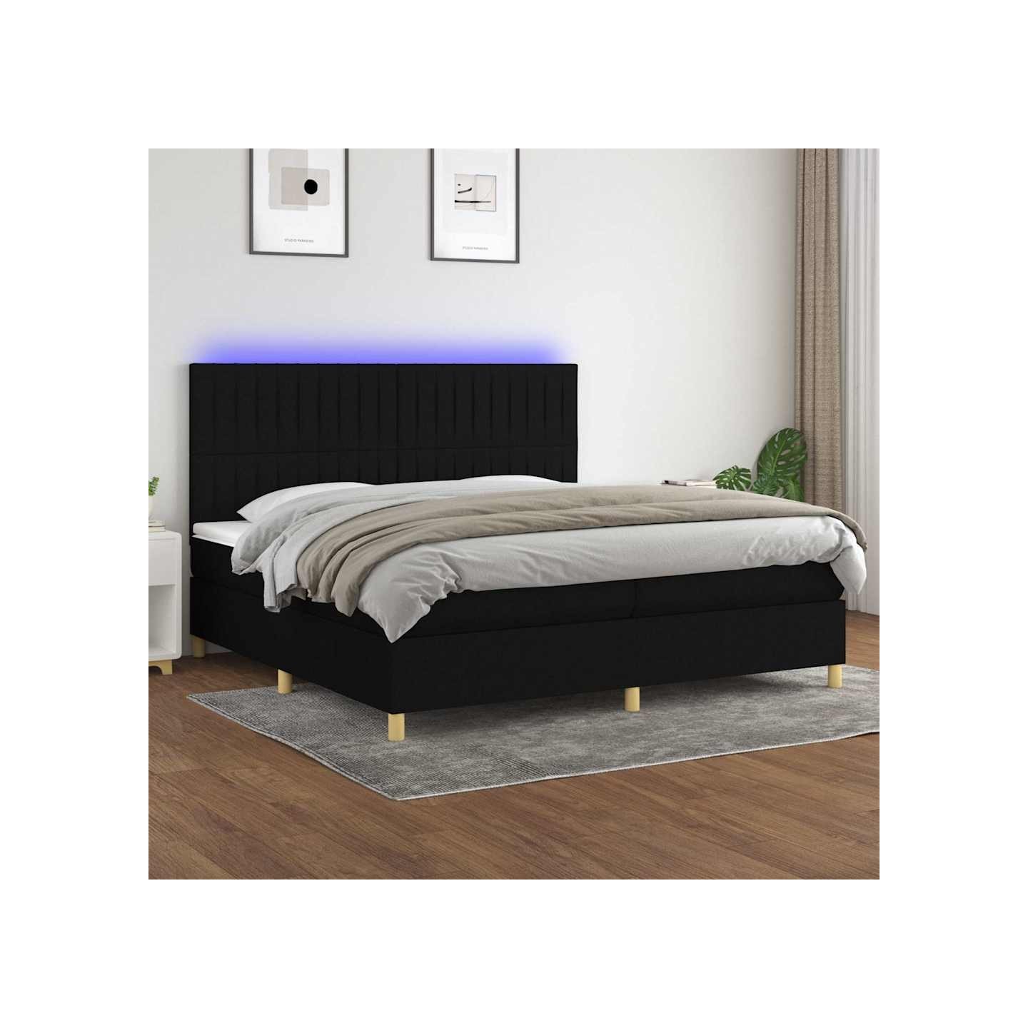 Sommier à lattes de lit et matelas et LED Noir 200x200 cm Tissu