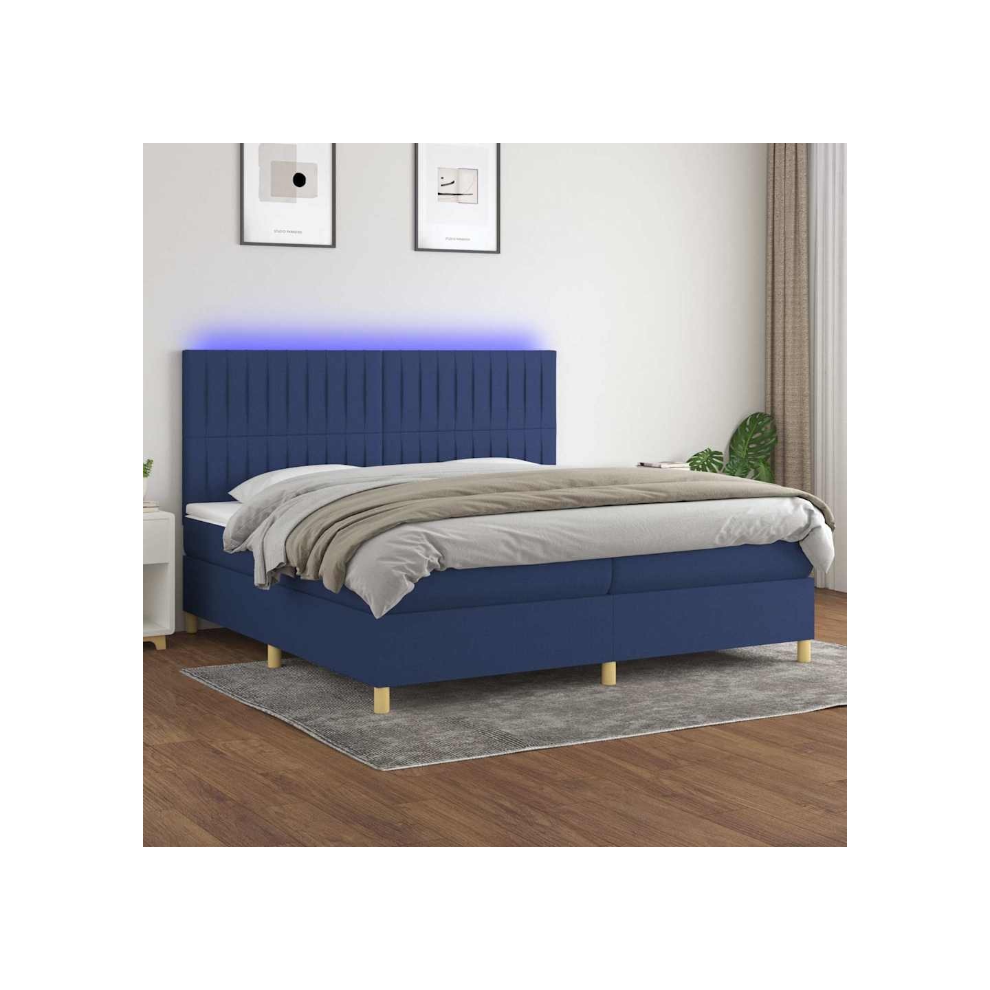 Sommier à lattes de lit et matelas et LED Bleu 200x200 cm Tissu